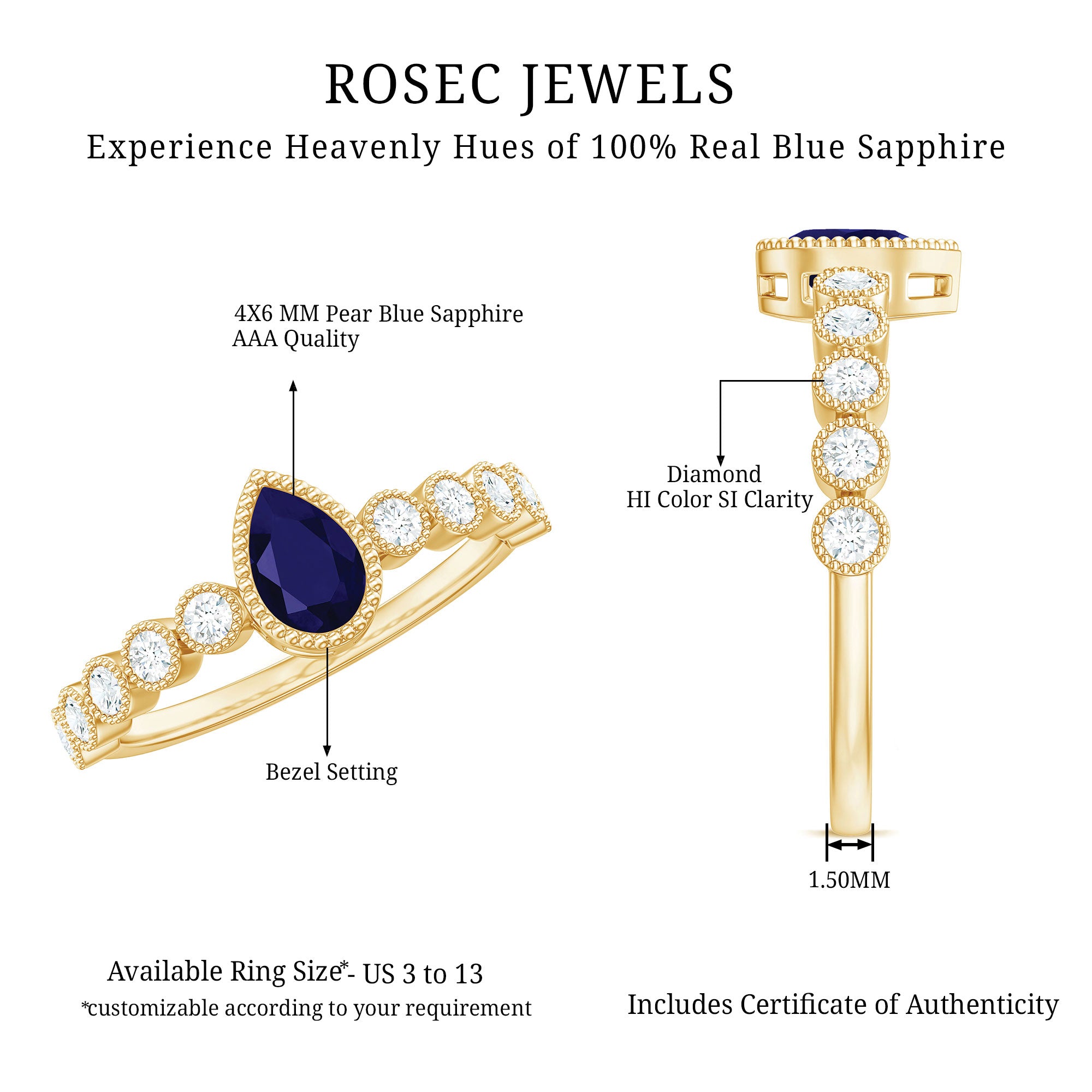 Rosec Jewels-Pear Cut 0.5 Carat Blue Sapphire Engagement Ring with Diamonds