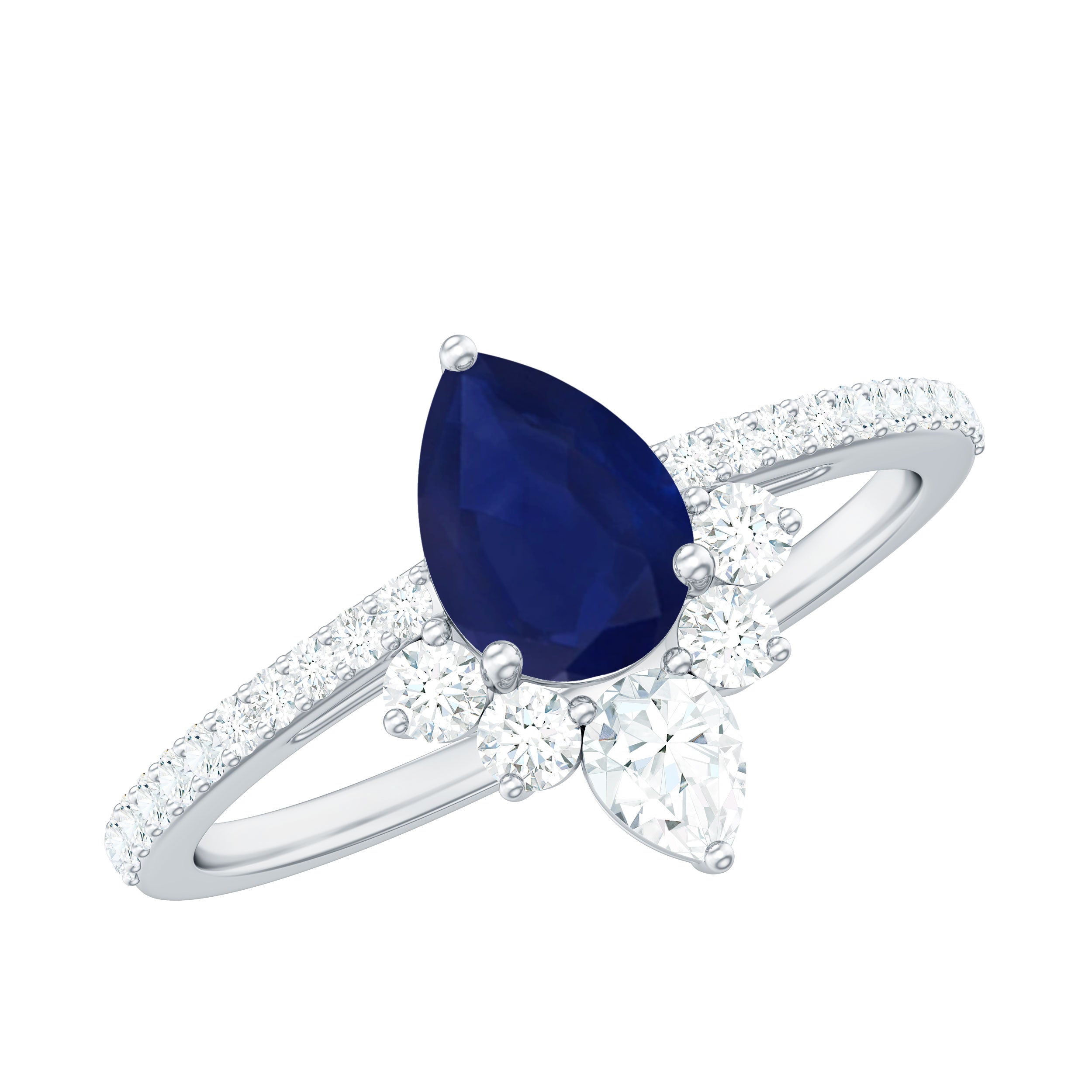 Certified 0.5 Carat Pear Shaped Blue Sapphire Crown Engagement Ring with Diamond AAA - Rosec Jewels