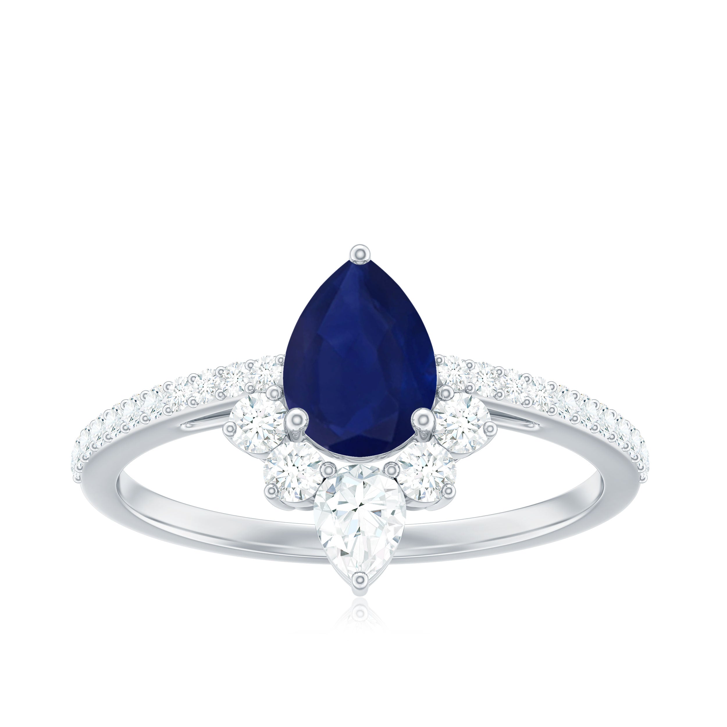 Certified 0.5 Carat Pear Shaped Blue Sapphire Crown Engagement Ring with Diamond AAA - Rosec Jewels