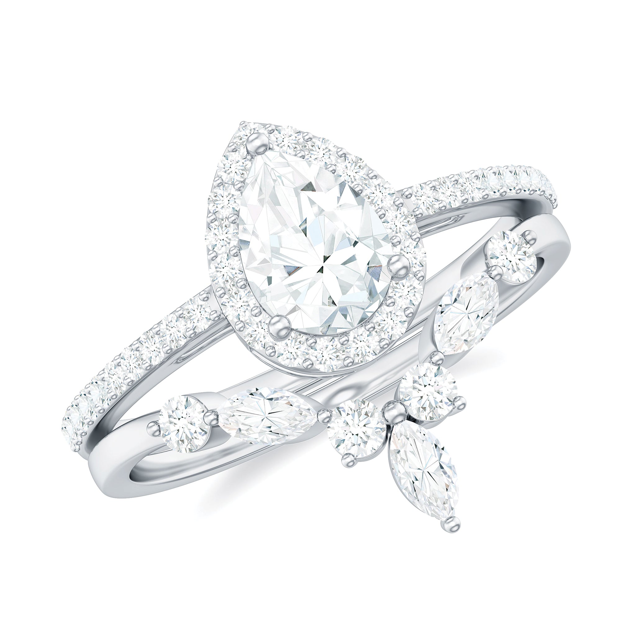 Rosec Jewels-Pear Cut Moissanite Halo Bridal Ring Set with Certificate