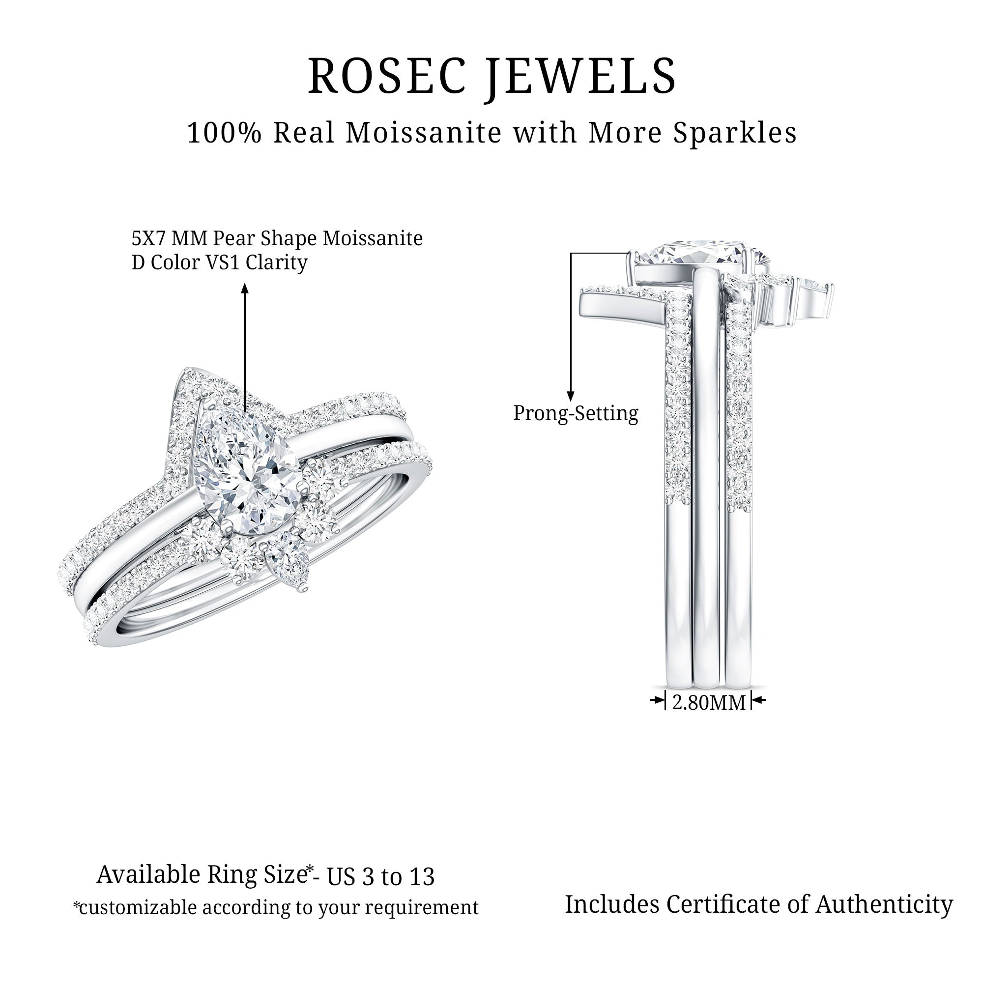 Brilliant Cut Moissanite Trio Wedding Ring Set For Women D-VS1 - Rosec Jewels