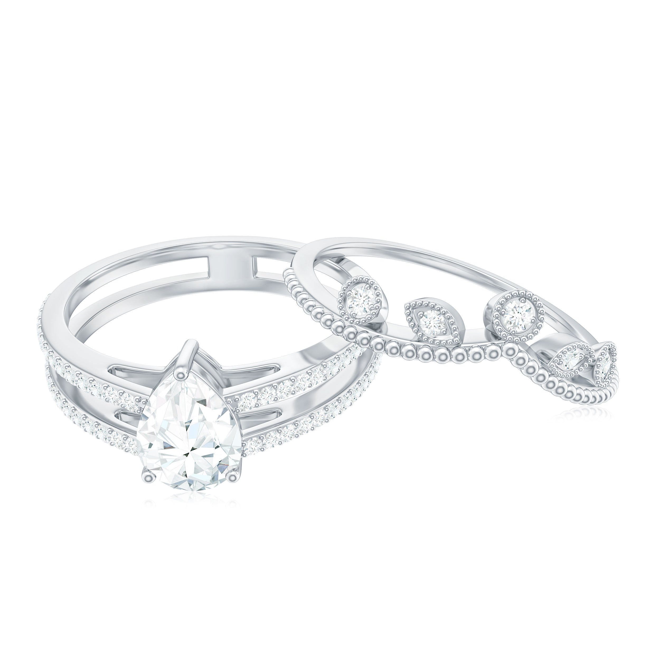 Pear Moissanite Double Band Engagement Ring with Enhancer D-VS1 - Rosec Jewels