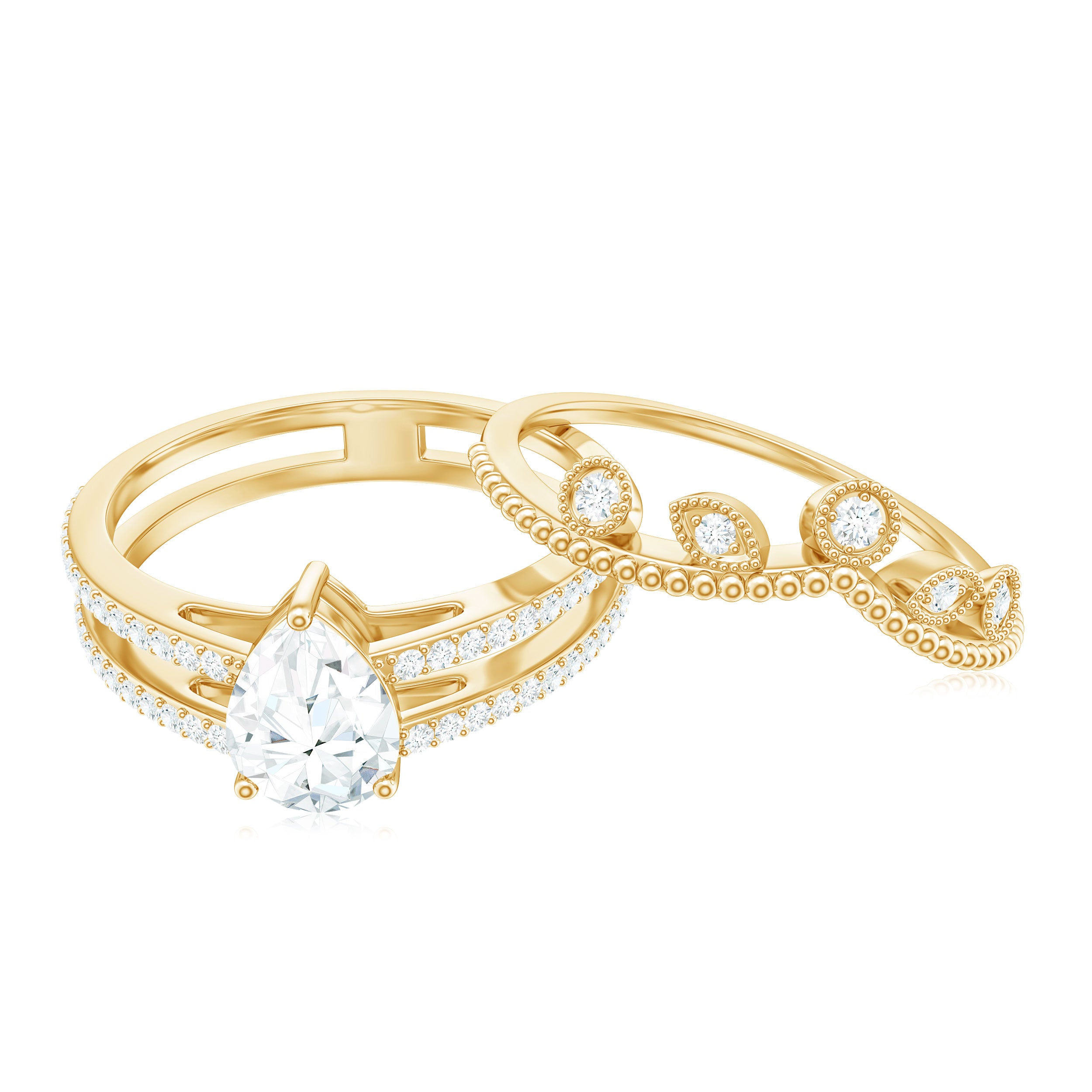Pear Moissanite Double Band Engagement Ring with Enhancer D-VS1 - Rosec Jewels