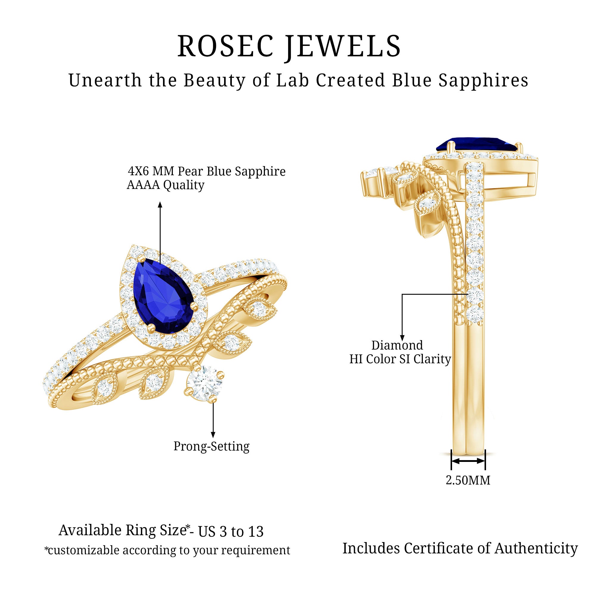 Rosec Jewels-Lab Grown Blue Sapphire Pear Shaped Engagement Ring Set with Diamond