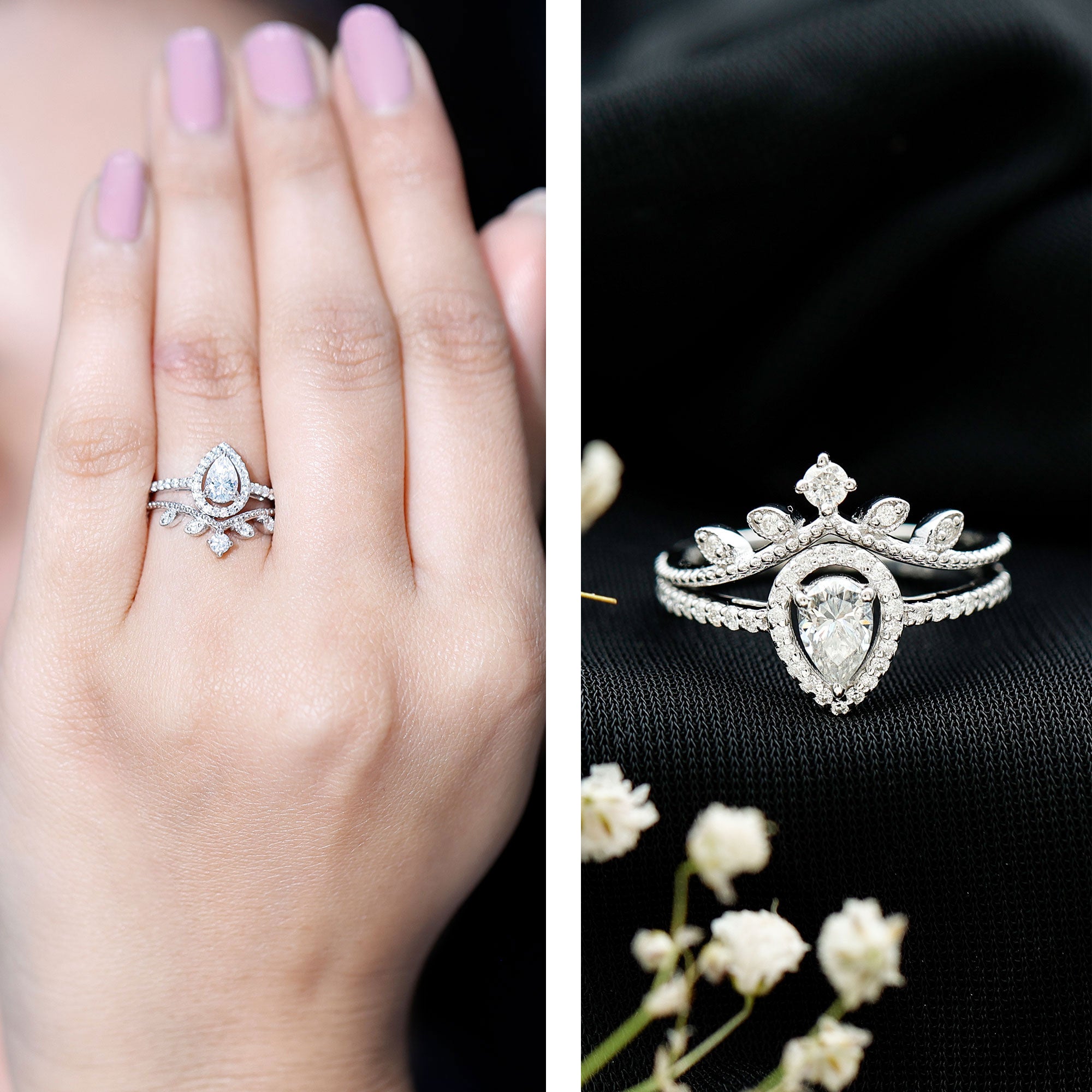 Rosec Jewels-Vintage Style Moissanite Teardrop Wedding Ring Set
