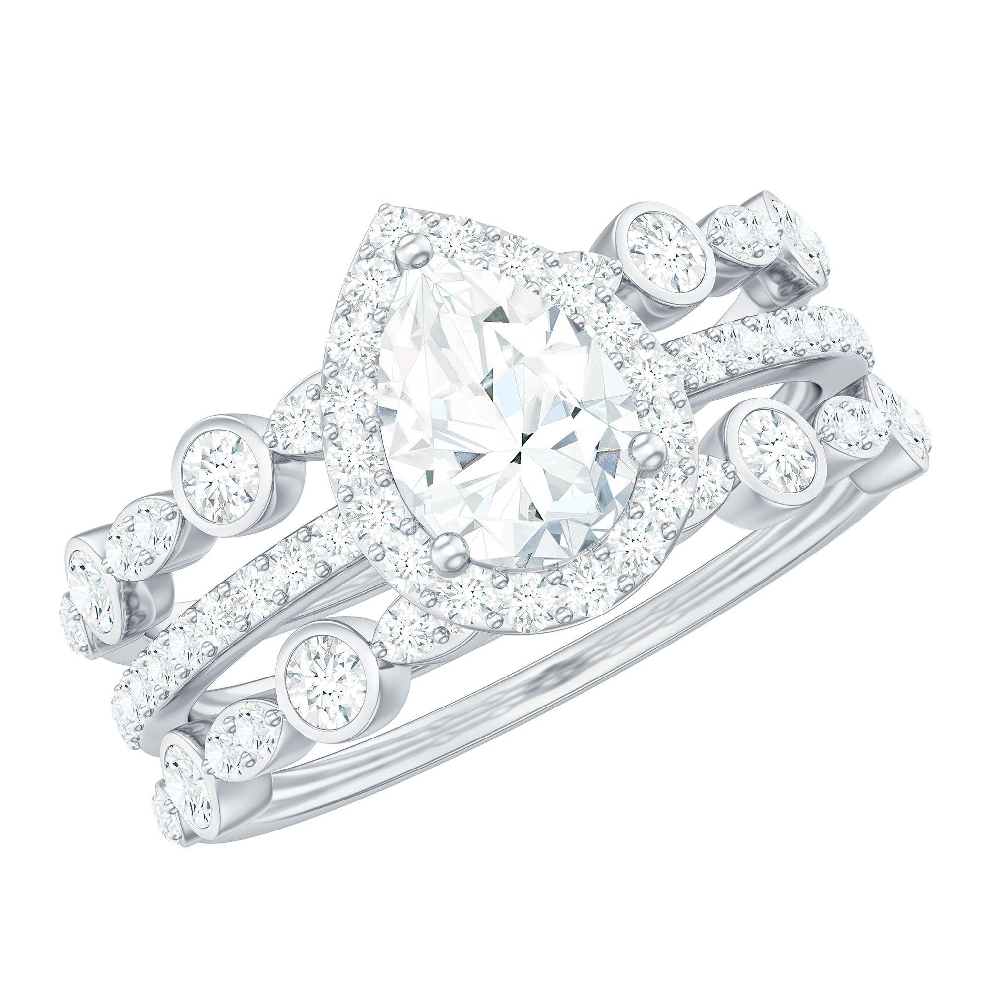 Pear Shaped Moissanite Engagement Ring with 2 Enhancers D-VS1 - Rosec Jewels