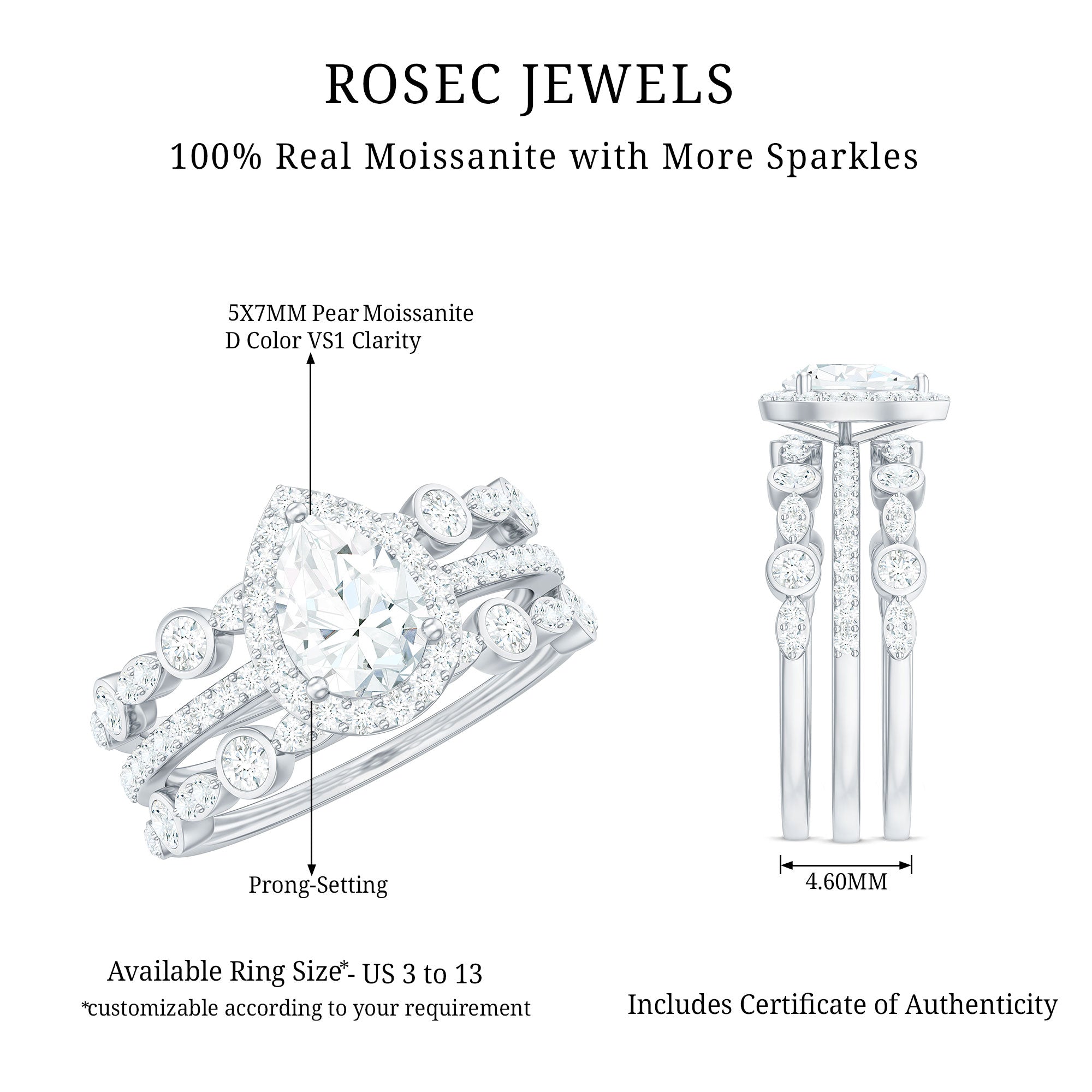 Pear Shaped Moissanite Engagement Ring with 2 Enhancers D-VS1 - Rosec Jewels