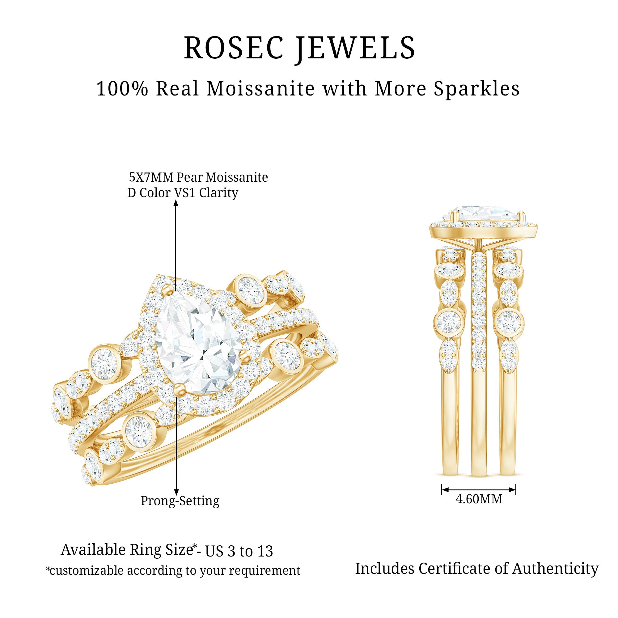 Pear Shaped Moissanite Engagement Ring with 2 Enhancers D-VS1 - Rosec Jewels