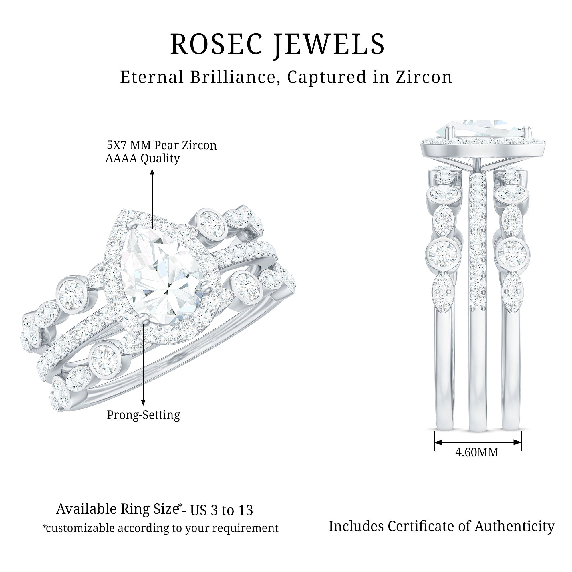 Pear Shaped Cubic Zirconia Trio Wedding Ring Set for Women AAAA - Rosec Jewels