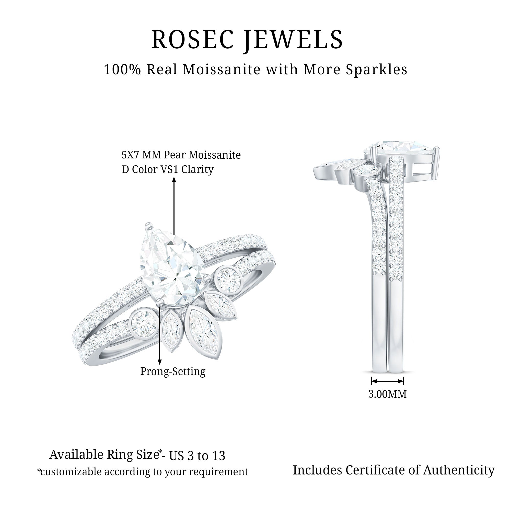 Rosec Jewels-Pear Cut Moissanite Solitaire Bridal Ring Set with Certificate