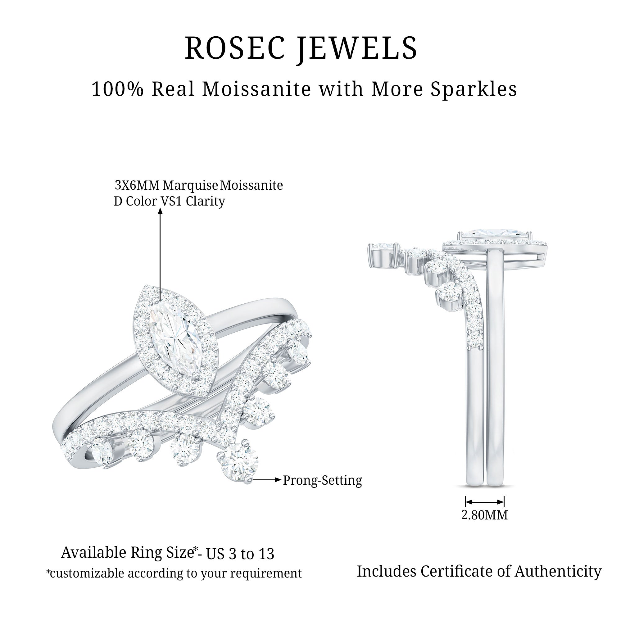 Marquise Cut Moissanite Halo Wedding Ring Set For Women D-VS1 - Rosec Jewels