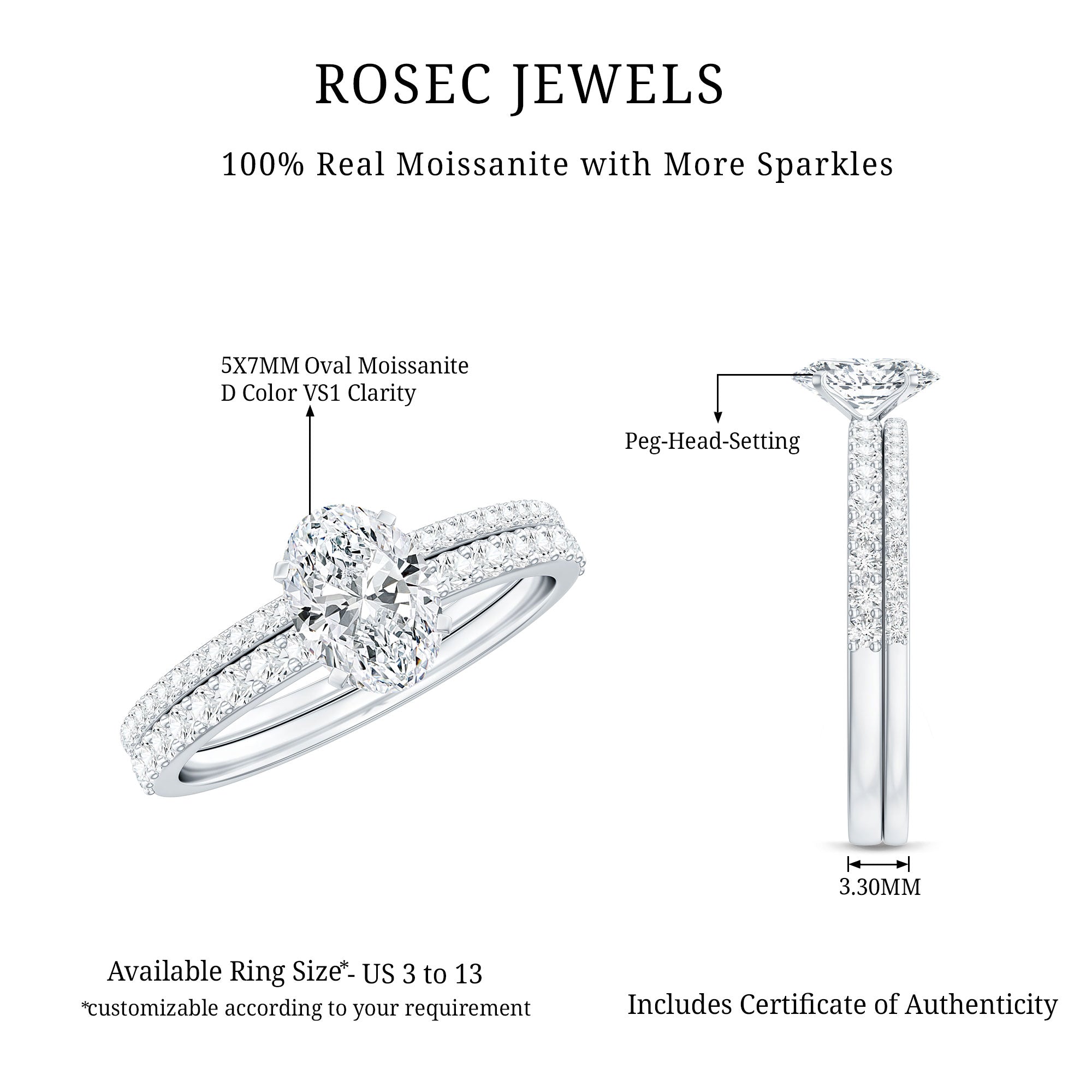 Rosec Jewels-Oval Shaped Moissanite Engagement Ring with Wedding Band Set