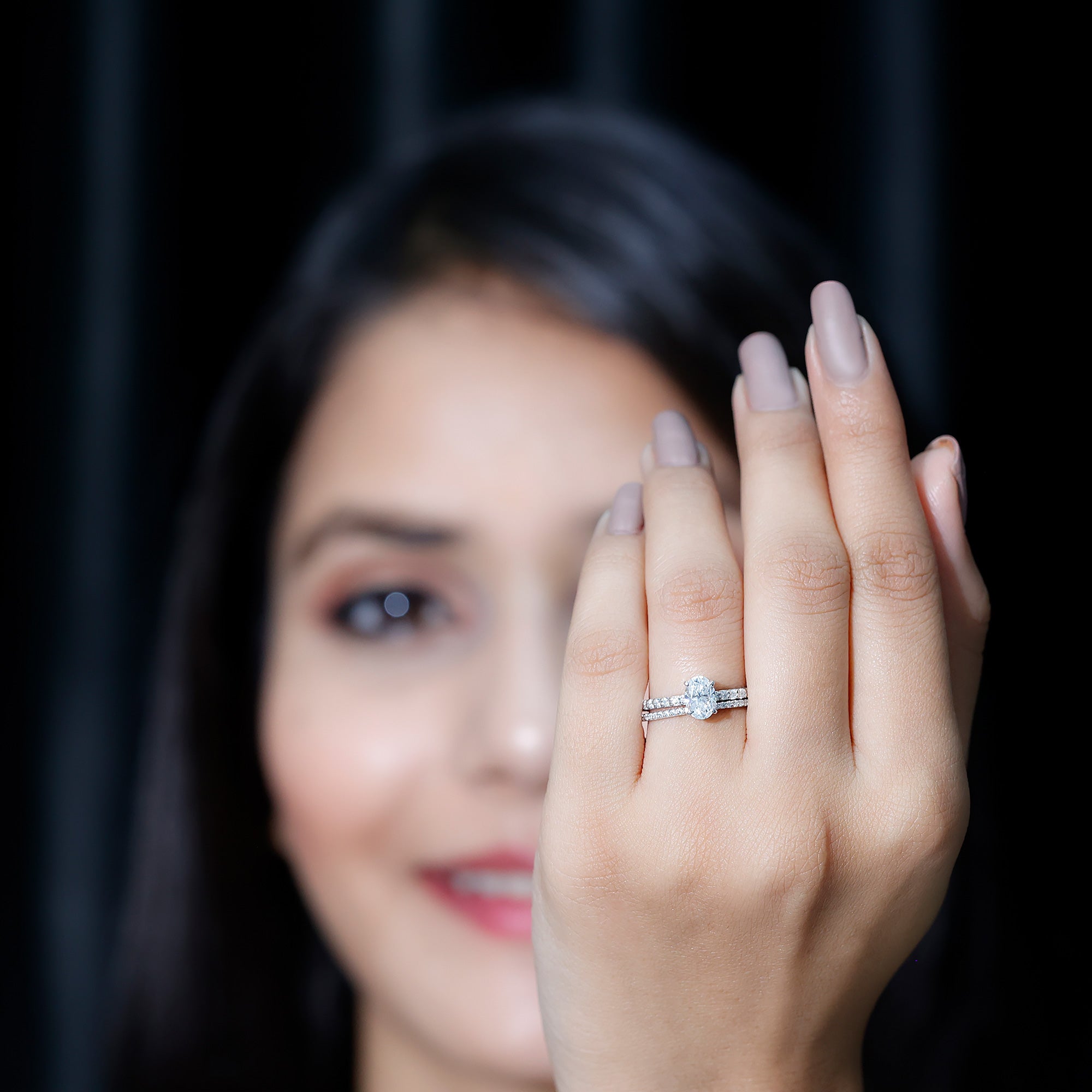 Rosec Jewels-Oval Shaped Moissanite Engagement Ring with Wedding Band Set