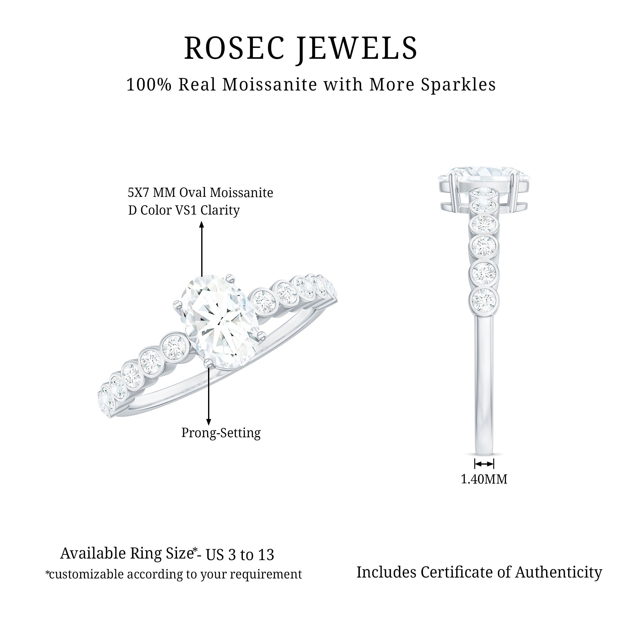 Rosec Jewels-Oval Cut Moissanite Engagement Ring with Side Stones