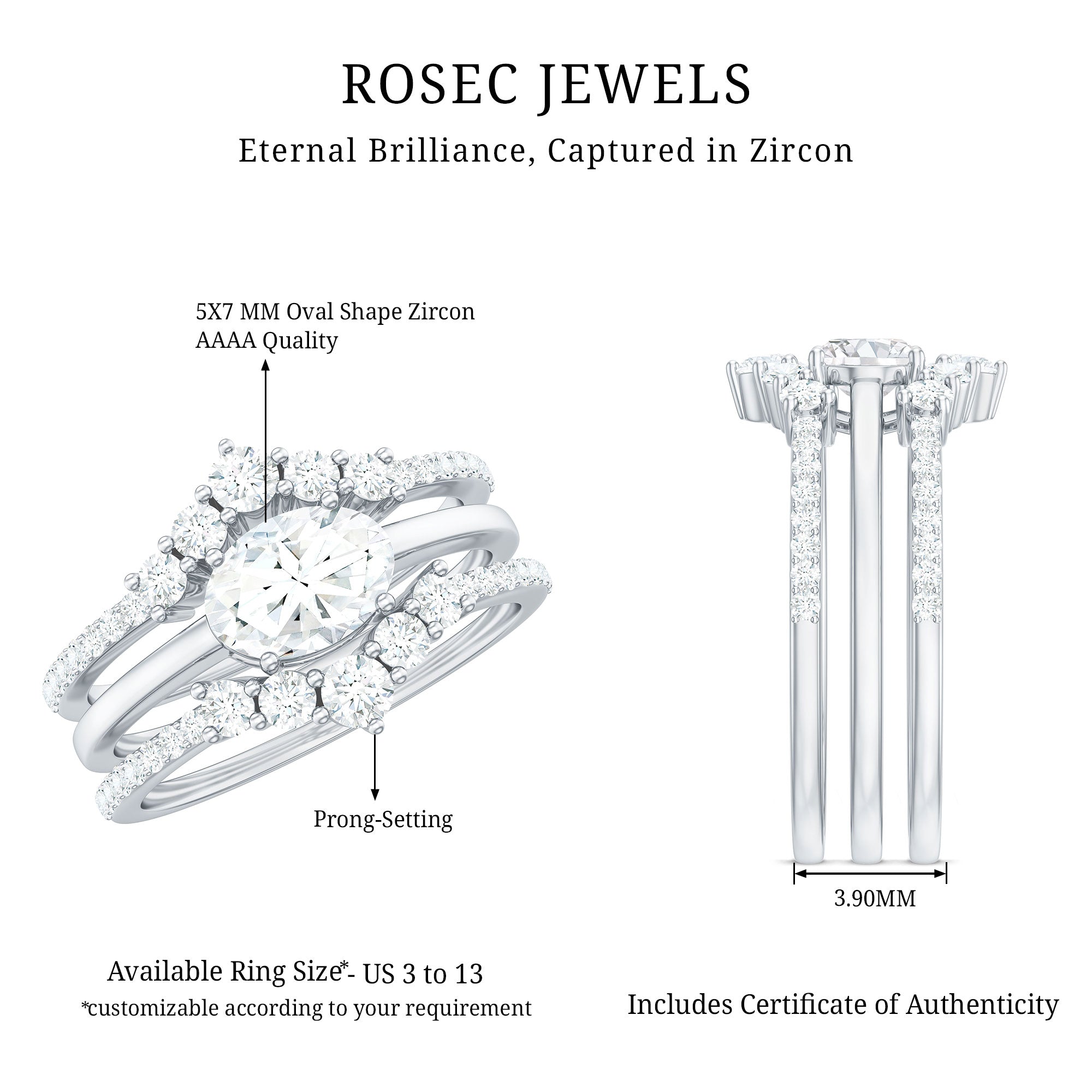 2.25 CT Oval Zircon Trio Wedding Ring Set in Gold AAAA - Rosec Jewels