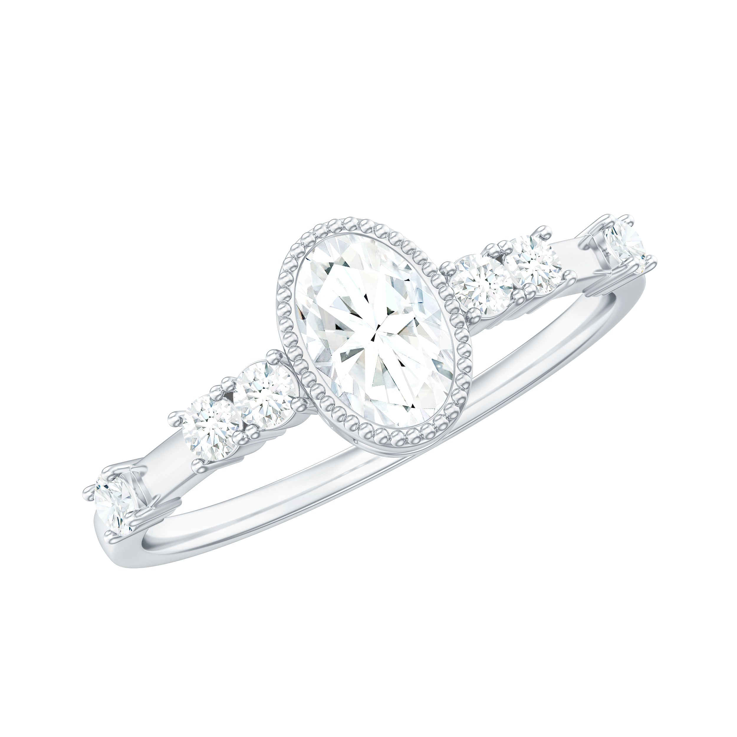 Oval Shape Zircon Solitaire Engagement Ring with Side Stones AAAA - Rosec Jewels