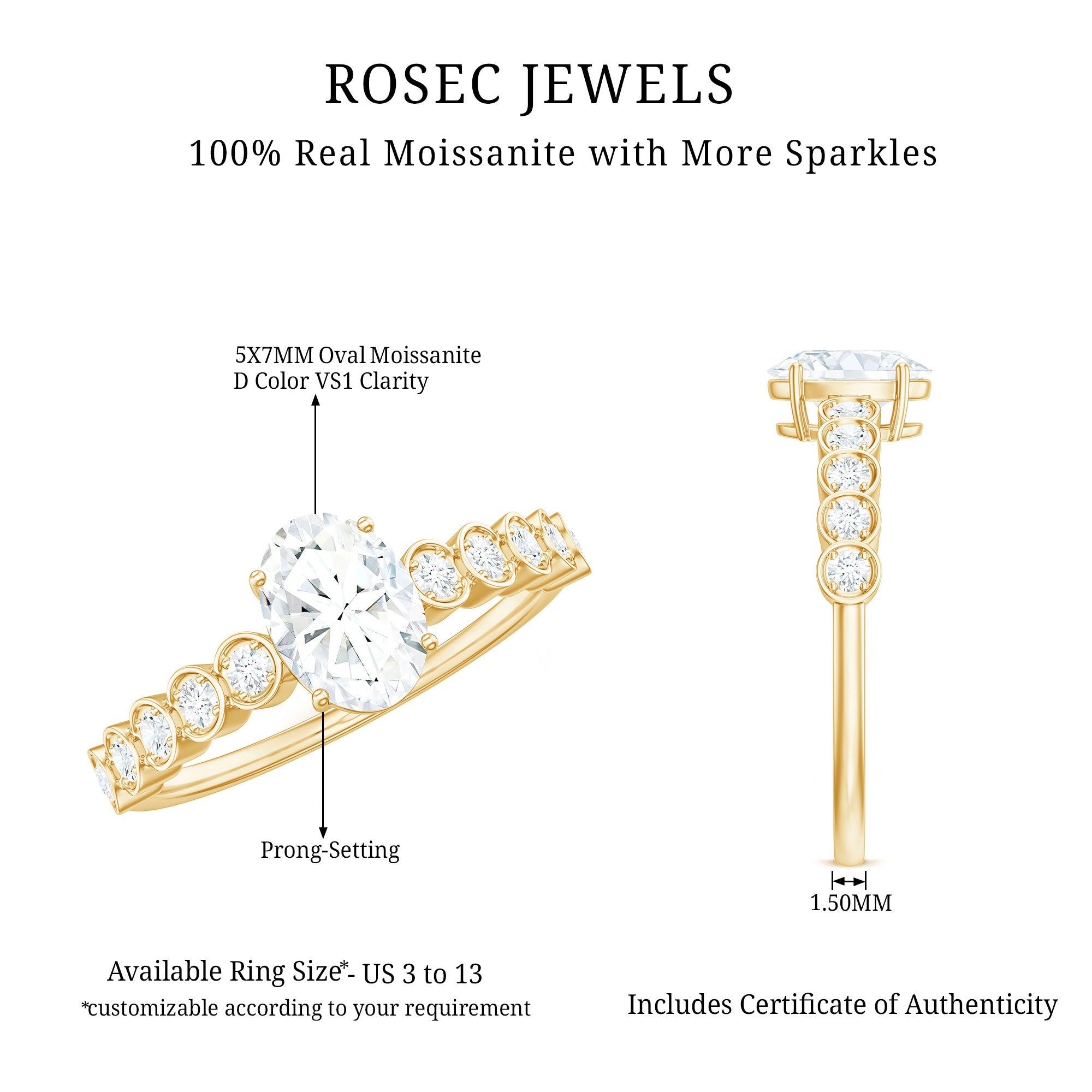 Certified Moissanite Oval Cut Engagement Ring with Side Stones D-VS1 - Rosec Jewels