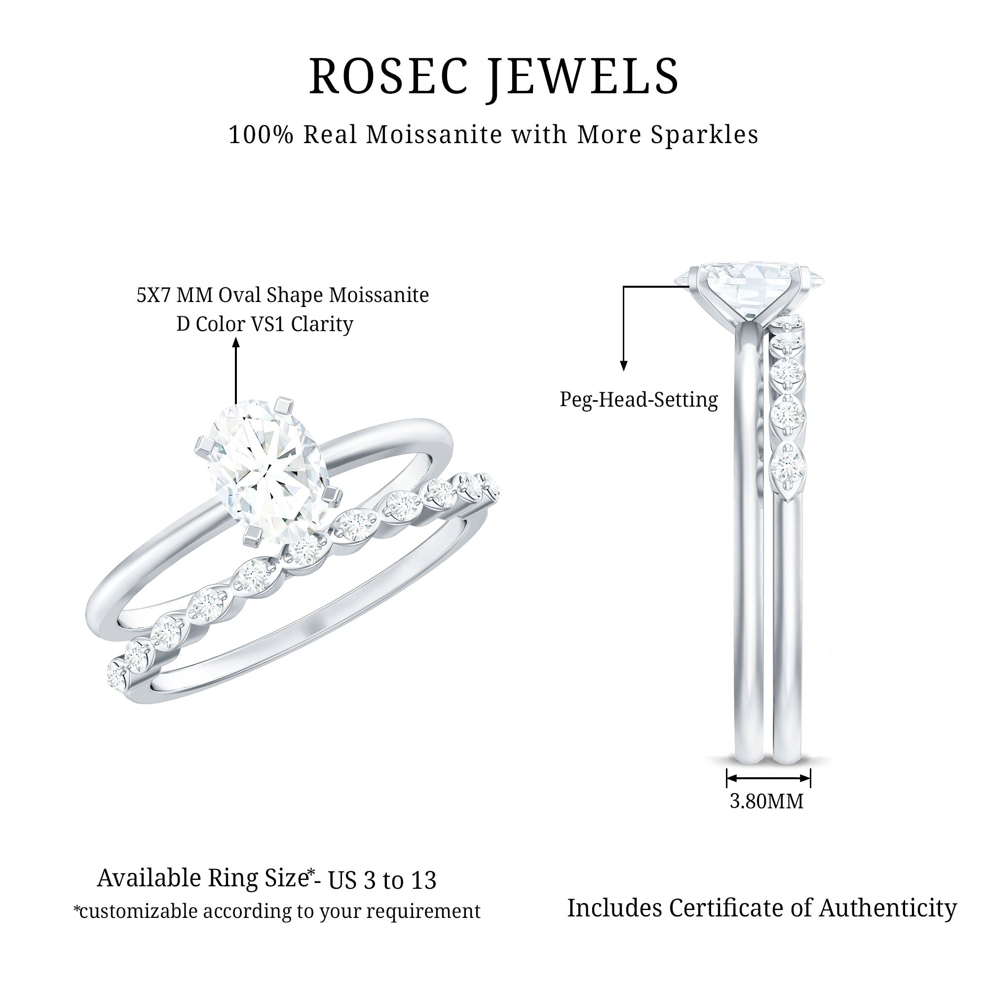 Rosec Jewels-Oval Cut Moissanite Solitaire Bridal Ring Set for Women