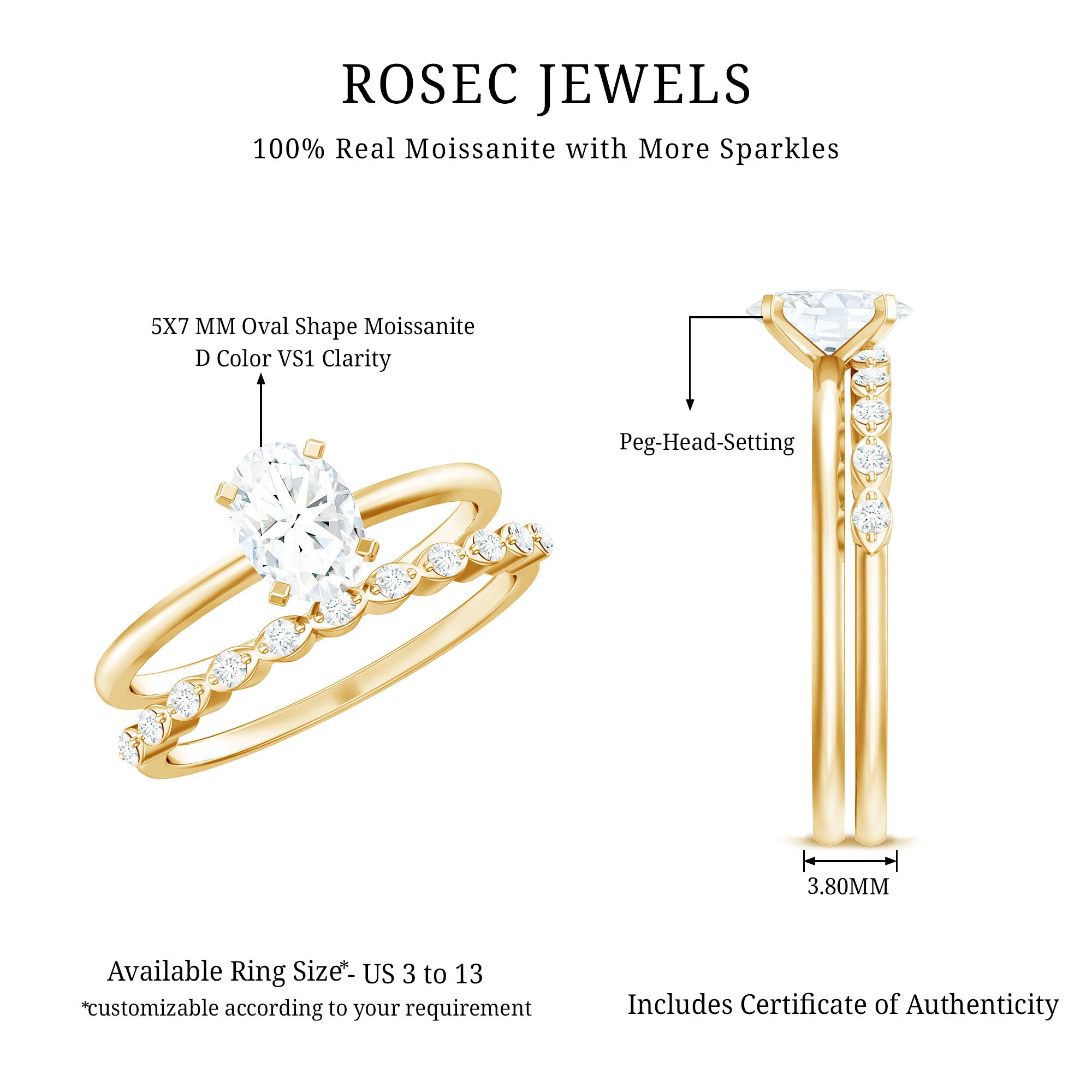 Rosec Jewels-Oval Cut Moissanite Solitaire Bridal Ring Set for Women