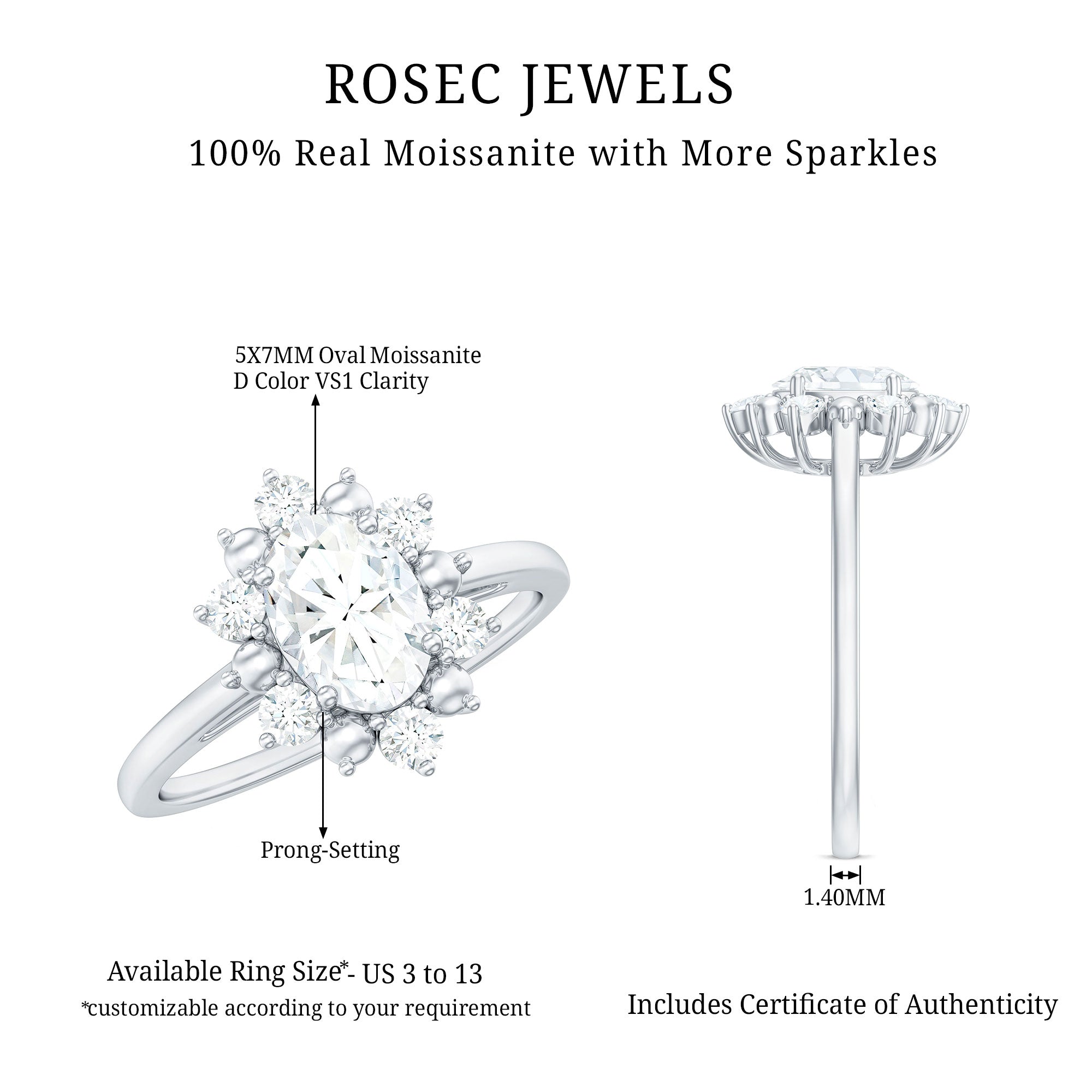 Rosec Jewels-Certified Oval Moissanite Flower Halo Engagement Ring