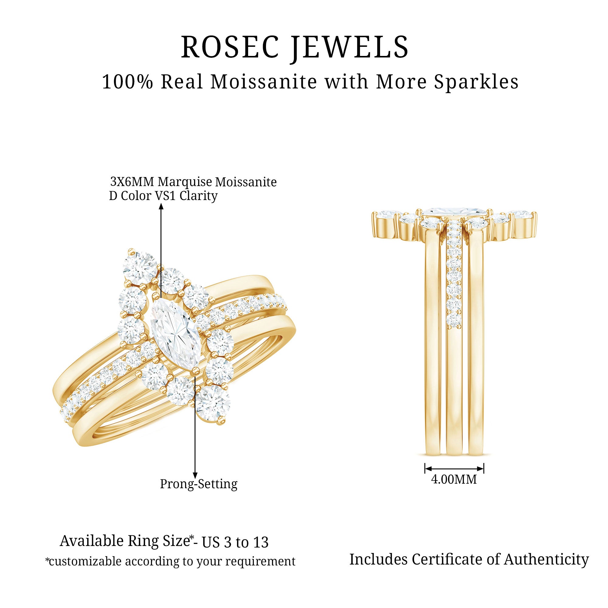 Rosec Jewels-Marquise Cut Moissanite Solitaire Trio Ring Set