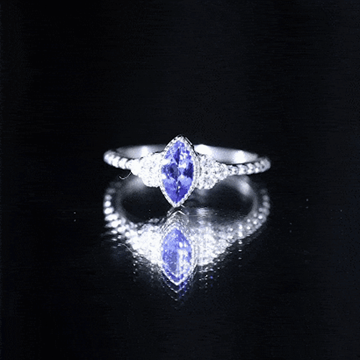 Vintage Style Marquise Tanzanite Promise Ring with Diamond Trio AAA - Rosec Jewels
