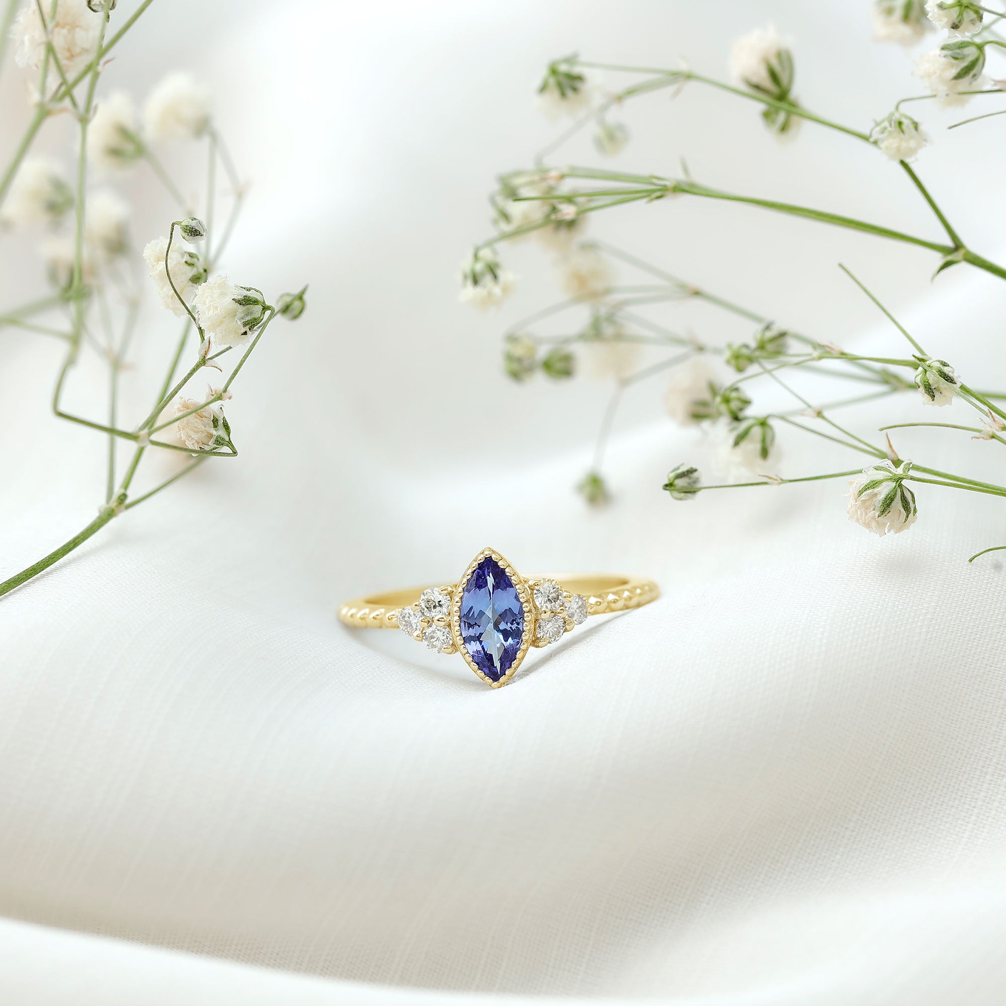 Vintage Style Marquise Tanzanite Promise Ring with Diamond Trio AAA - Rosec Jewels