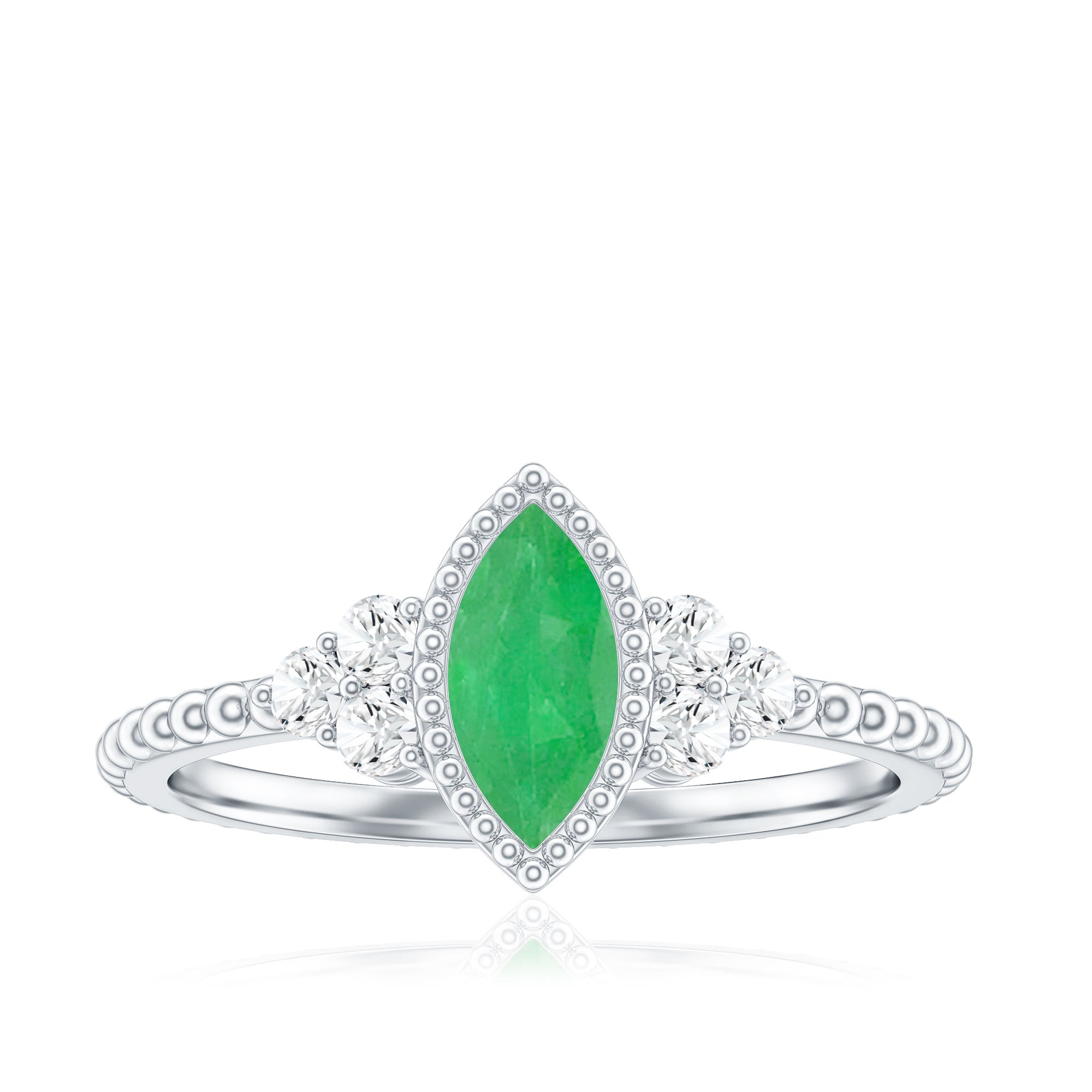 Vintage Inspired Emerald Promise Engagement Ring with Trio Diamond AAA - Rosec Jewels