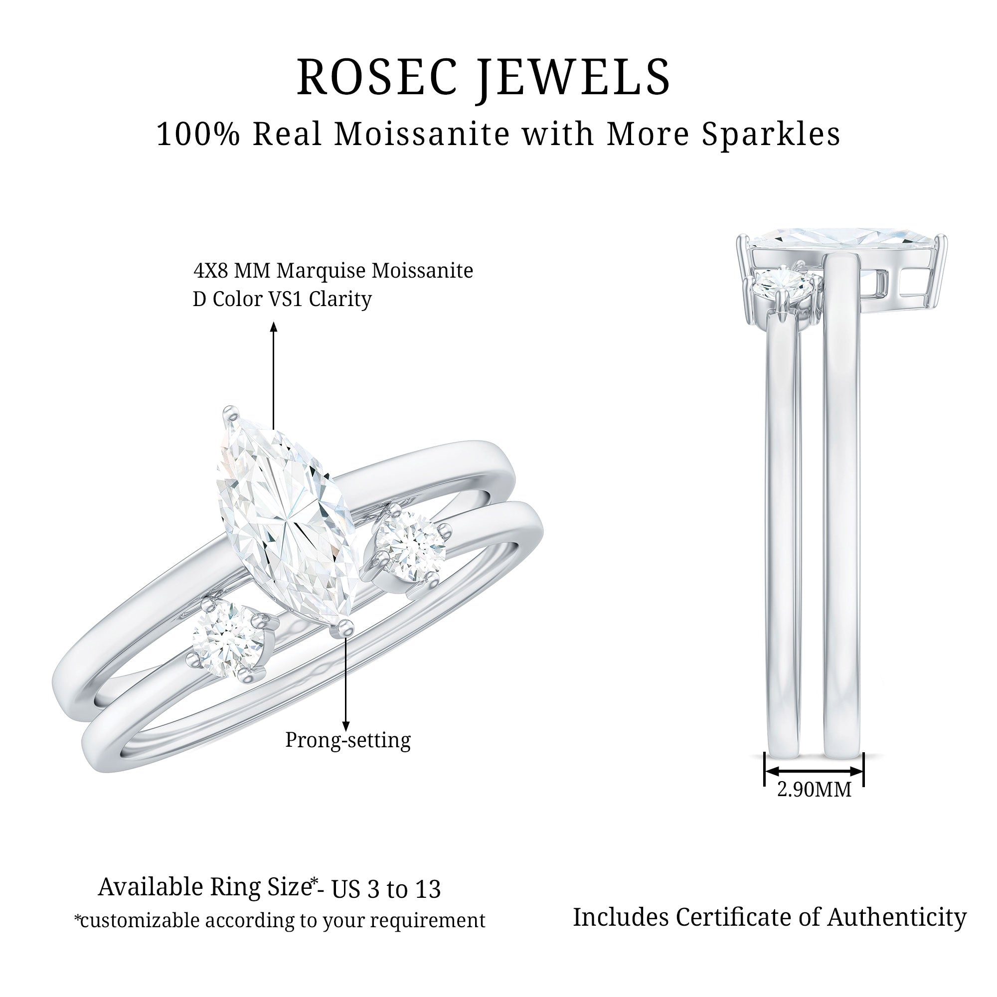 Rosec Jewels-Marquise Cut Moissanite Engagement Ring with Stackable Band