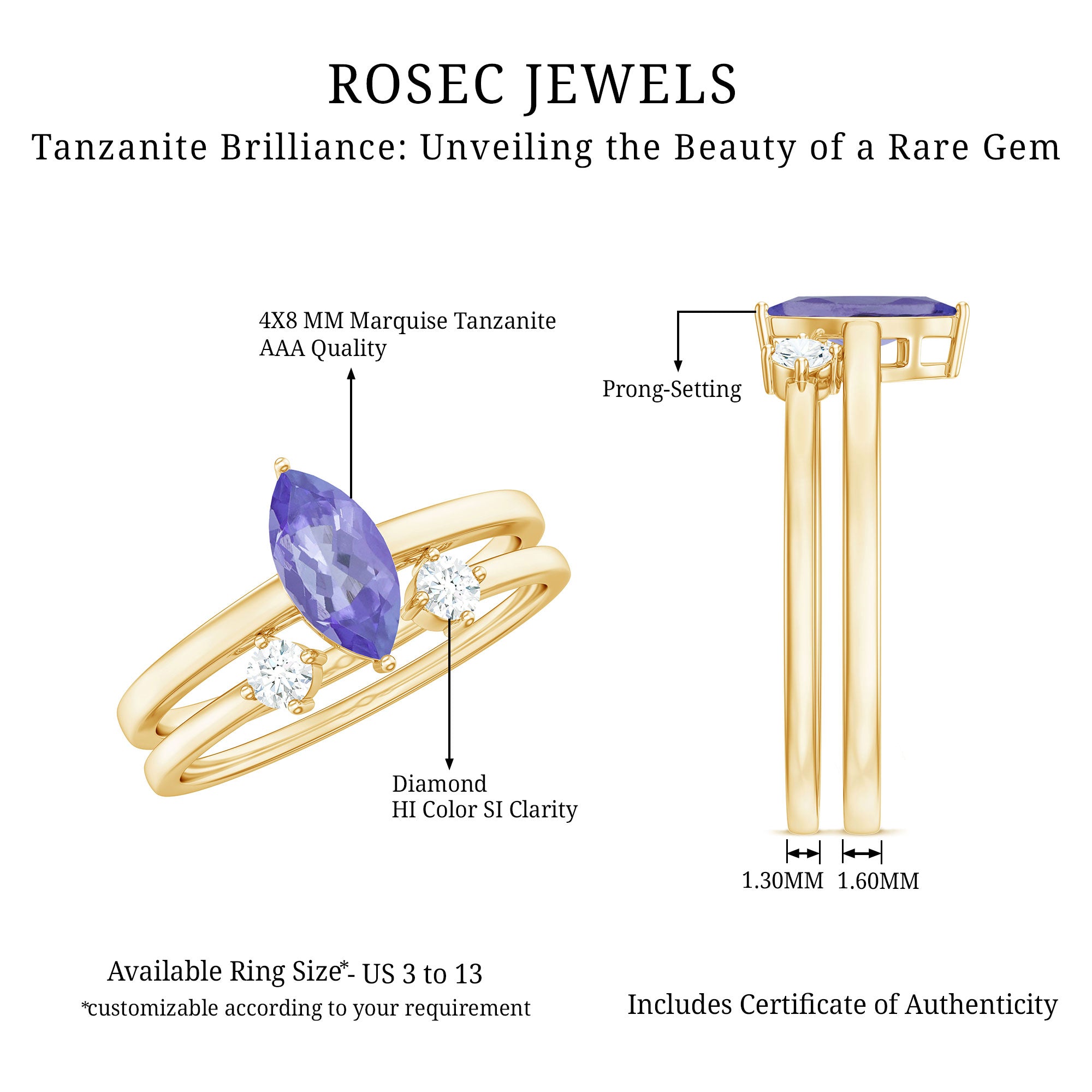Natural Marquise Tanzanite Diamond Promise Ring Set of 2 AAA - Rosec Jewels