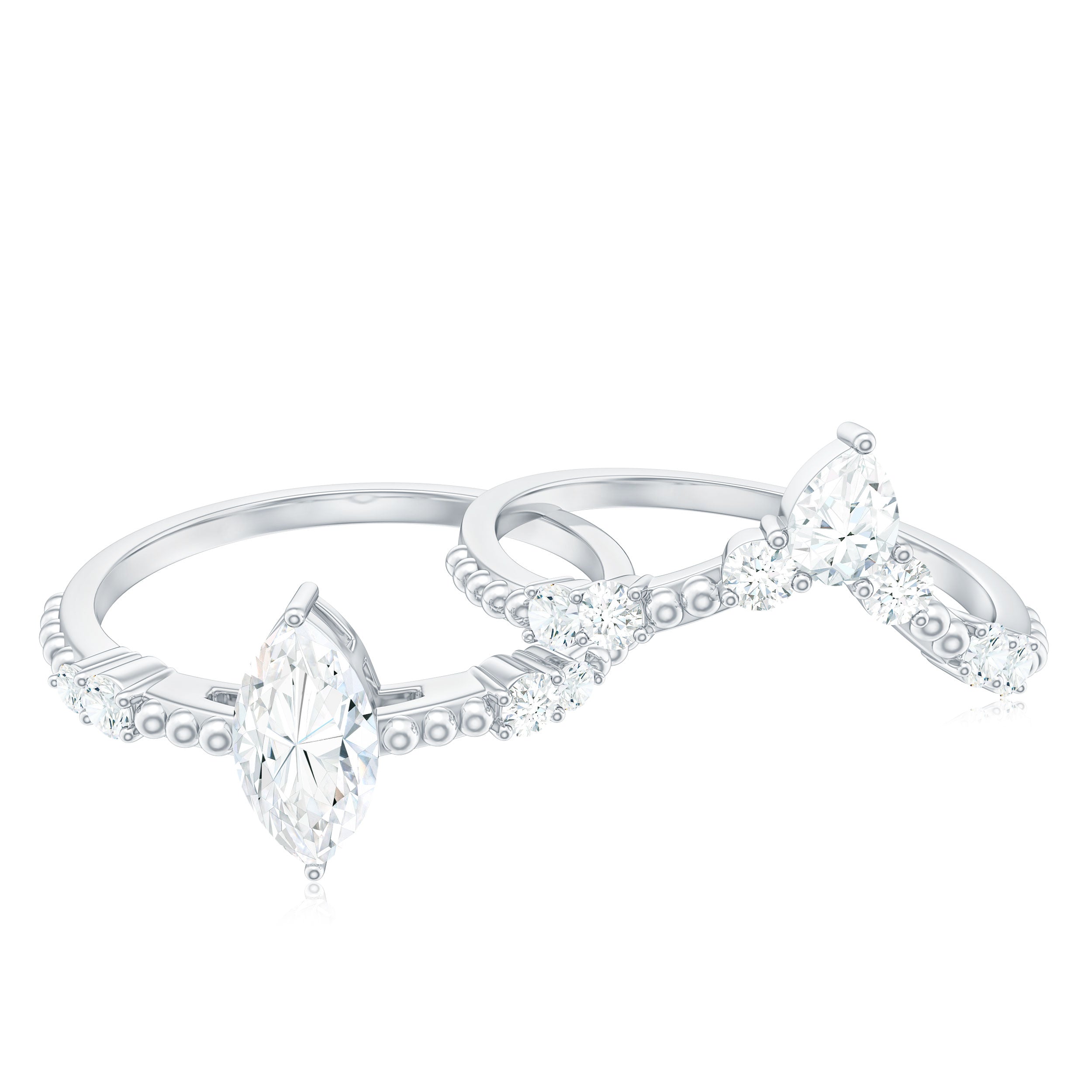 Marquise Cut Moissanite Wedding Ring Set with Beaded Detail D-VS1 - Rosec Jewels