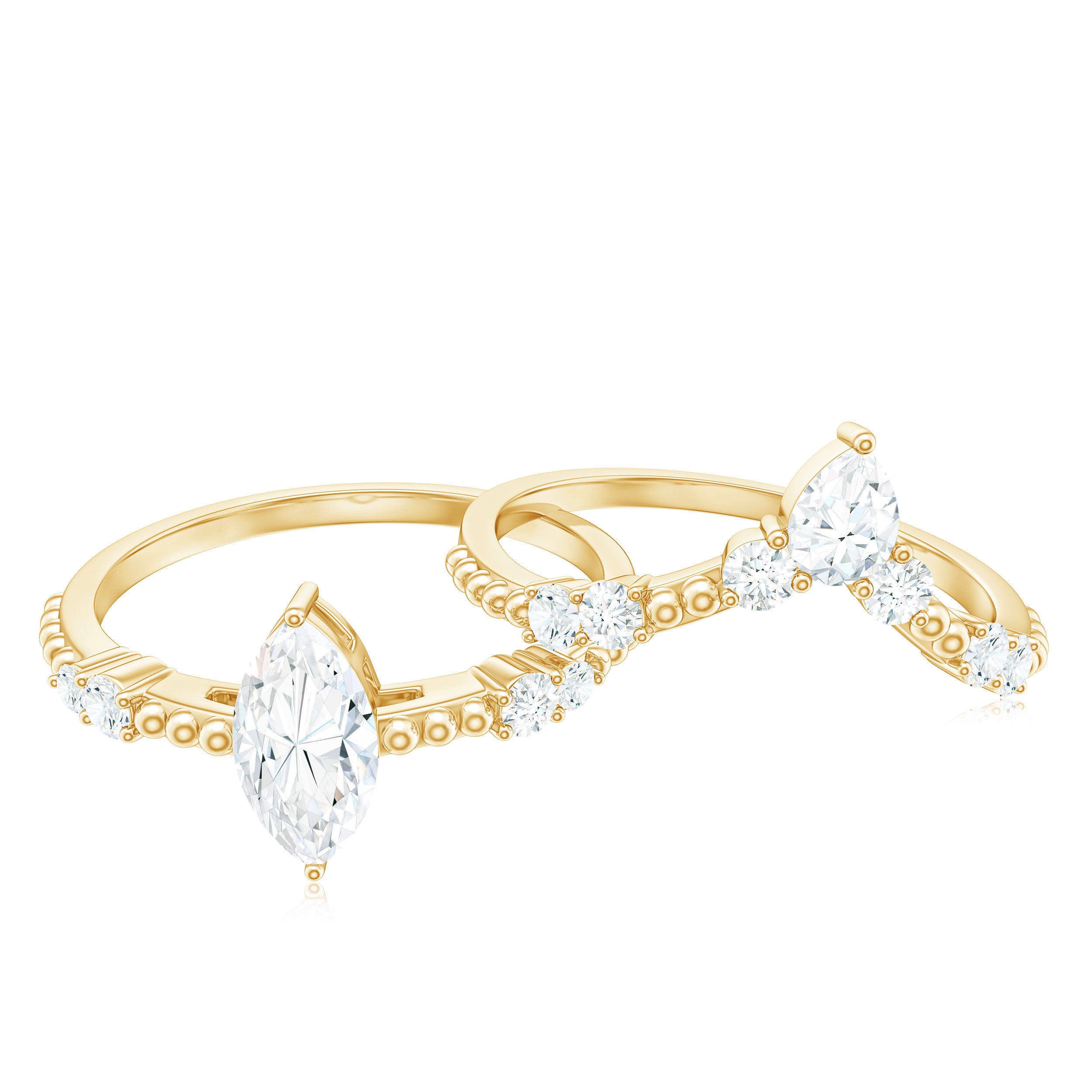 Marquise Cut Moissanite Wedding Ring Set with Beaded Detail D-VS1 - Rosec Jewels