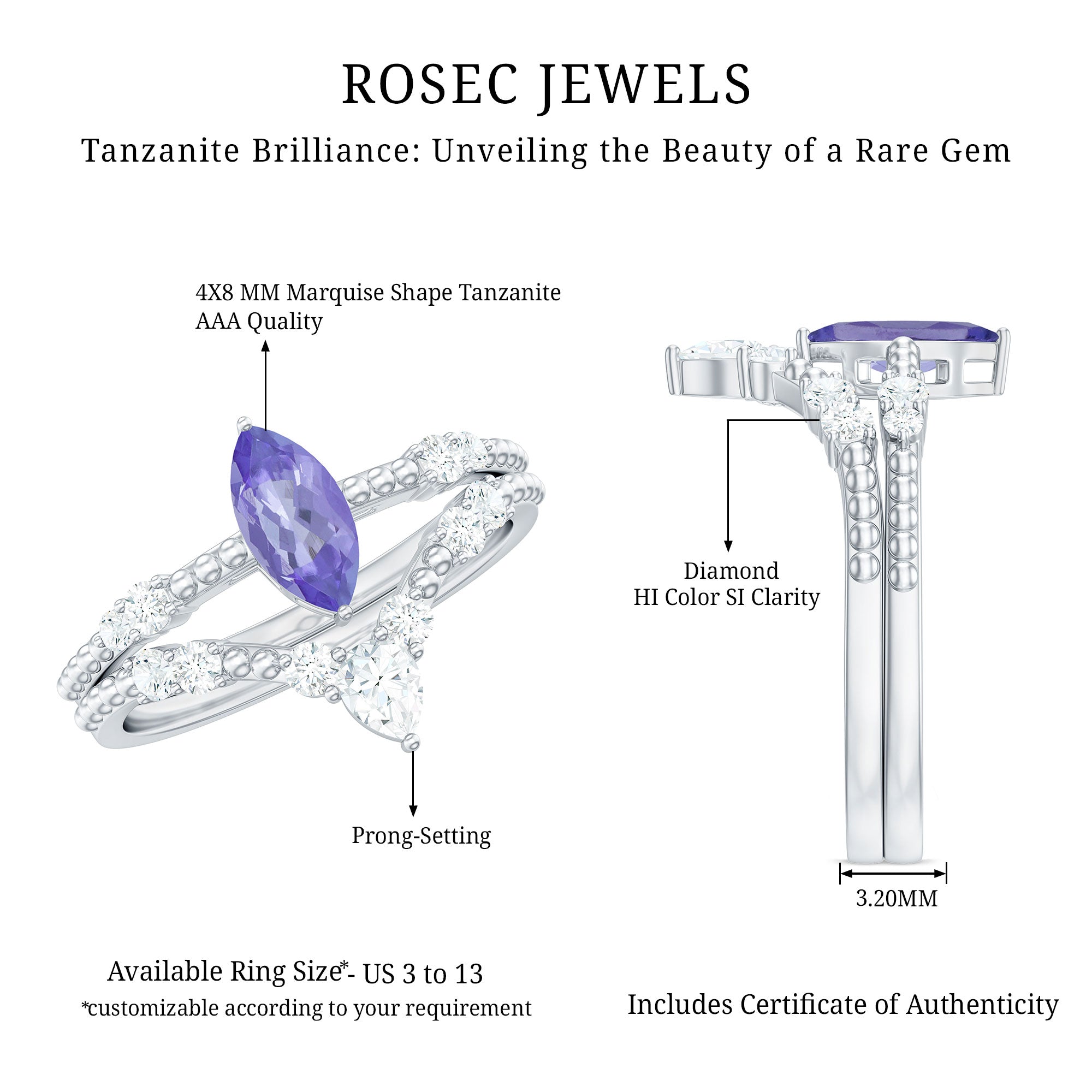 Natural Marquise Tanzanite Diamond Engagement Ring Set AAA - Rosec Jewels