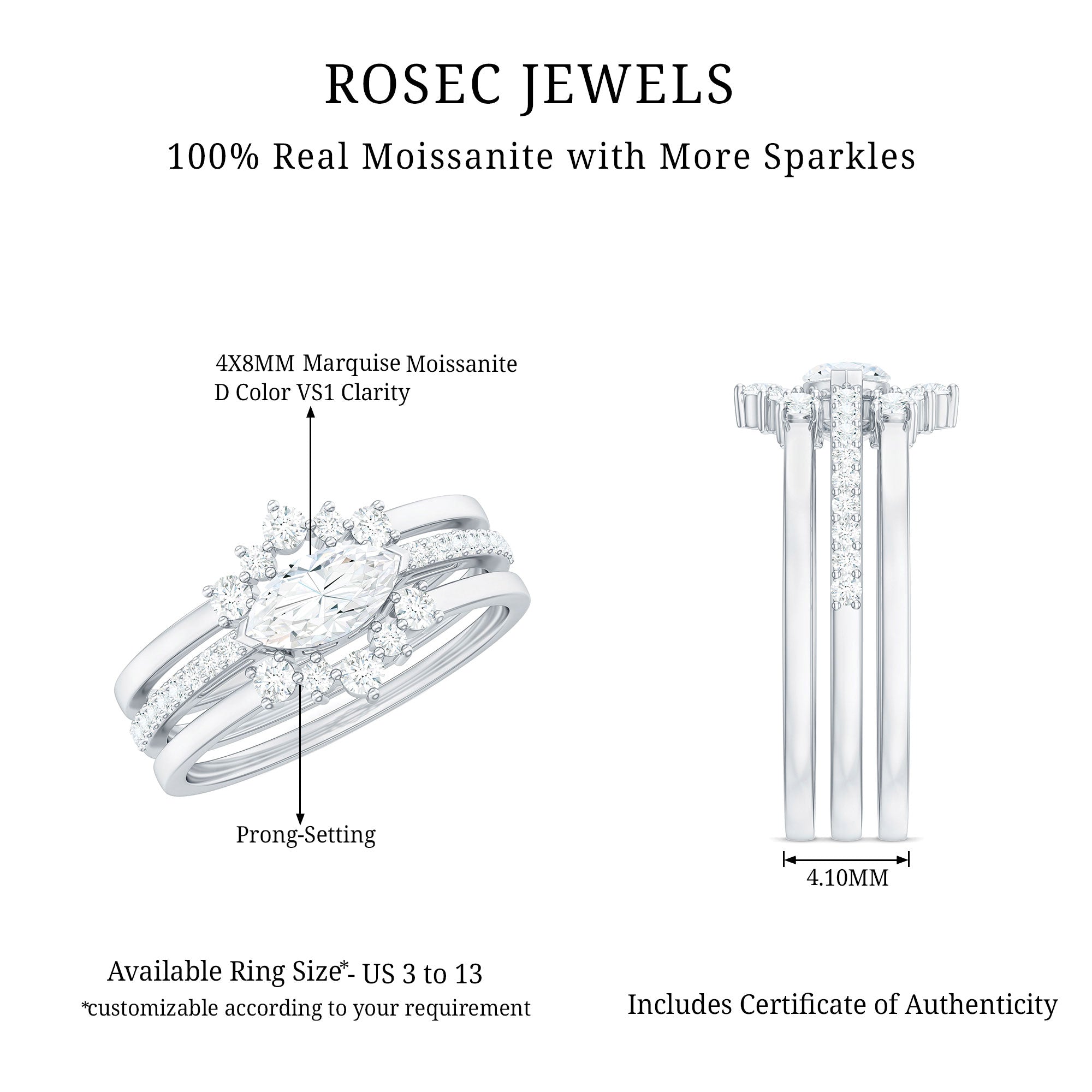 Certified Moissanite Trio Bridal Ring Set for Women D-VS1 - Rosec Jewels