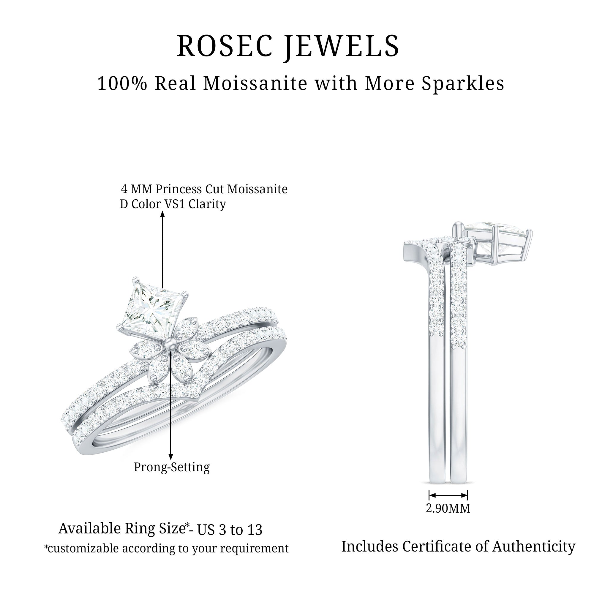 Rosec Jewels-Princess Cut Certified Moissanite Flower Wedding Ring Set