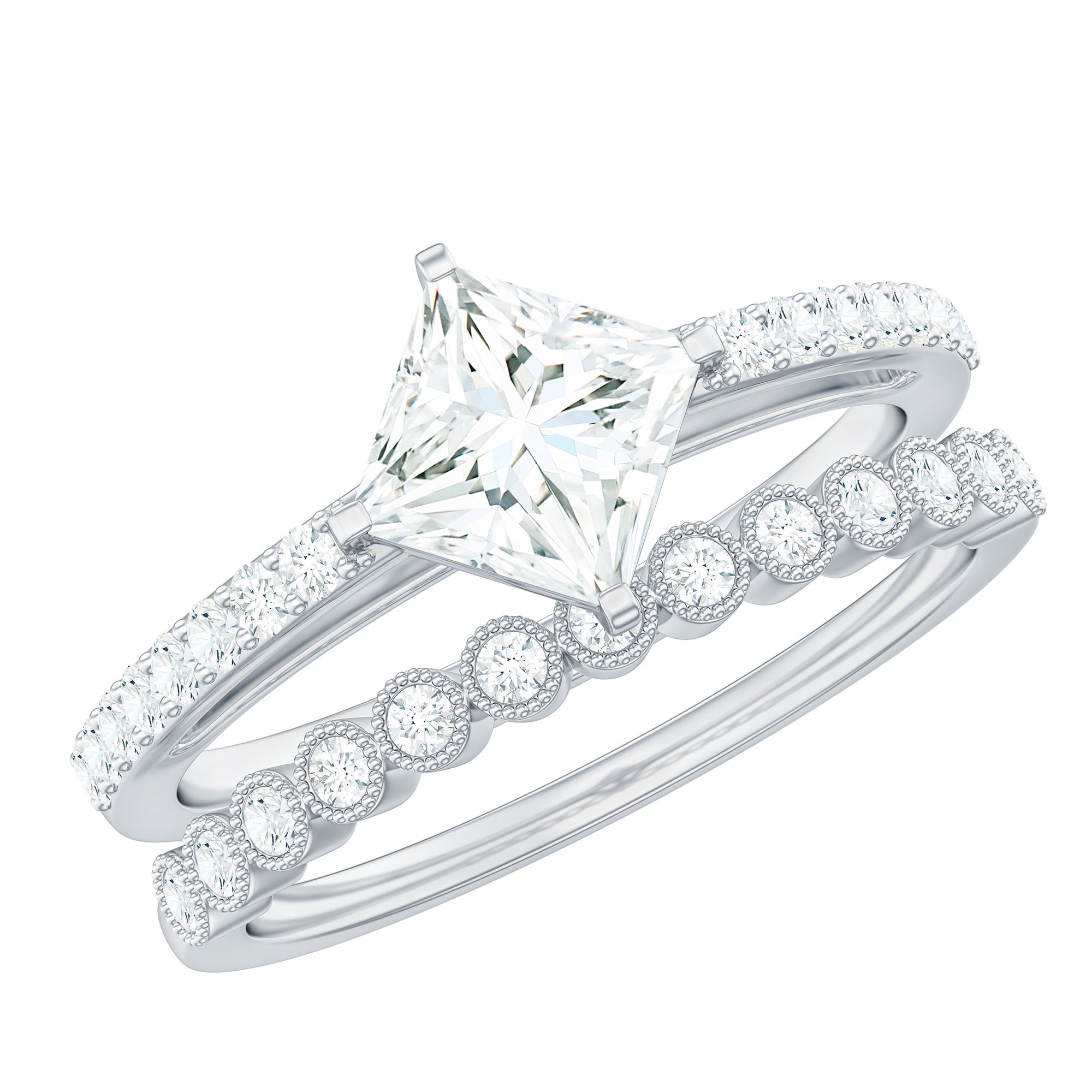 Princess Cut Moissanite Engagement Ring with Wedding Band Set