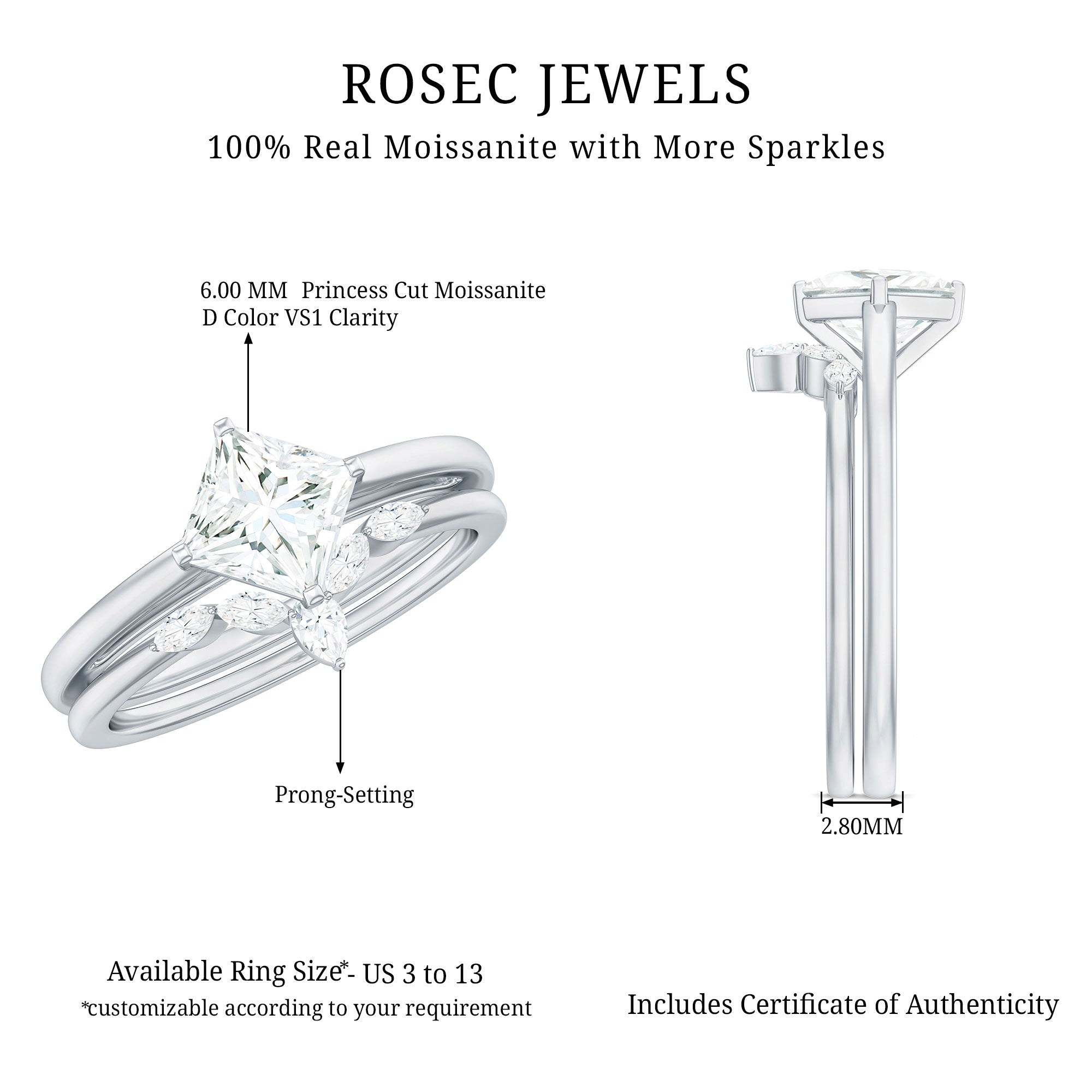 Princess Cut Moissanite Solitaire Wedding Ring Set for Her D-VS1 - Rosec Jewels