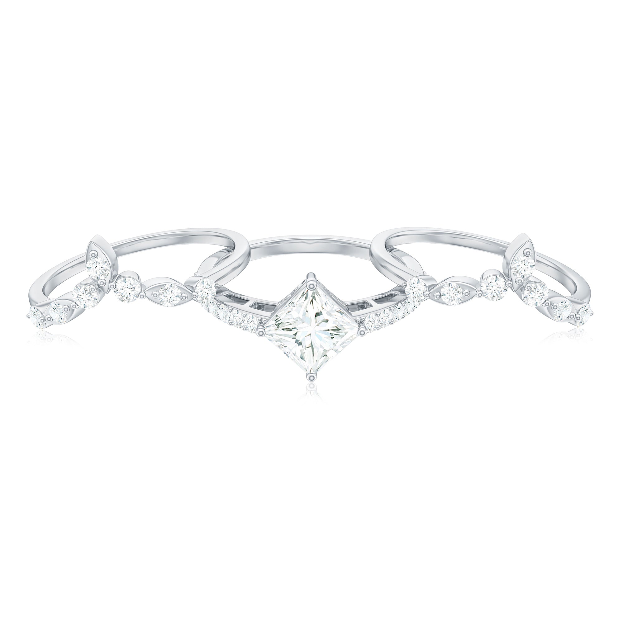 Rosec Jewels-Classic Trio Bridal Ring Set with Princess and Round Cut Moissanites