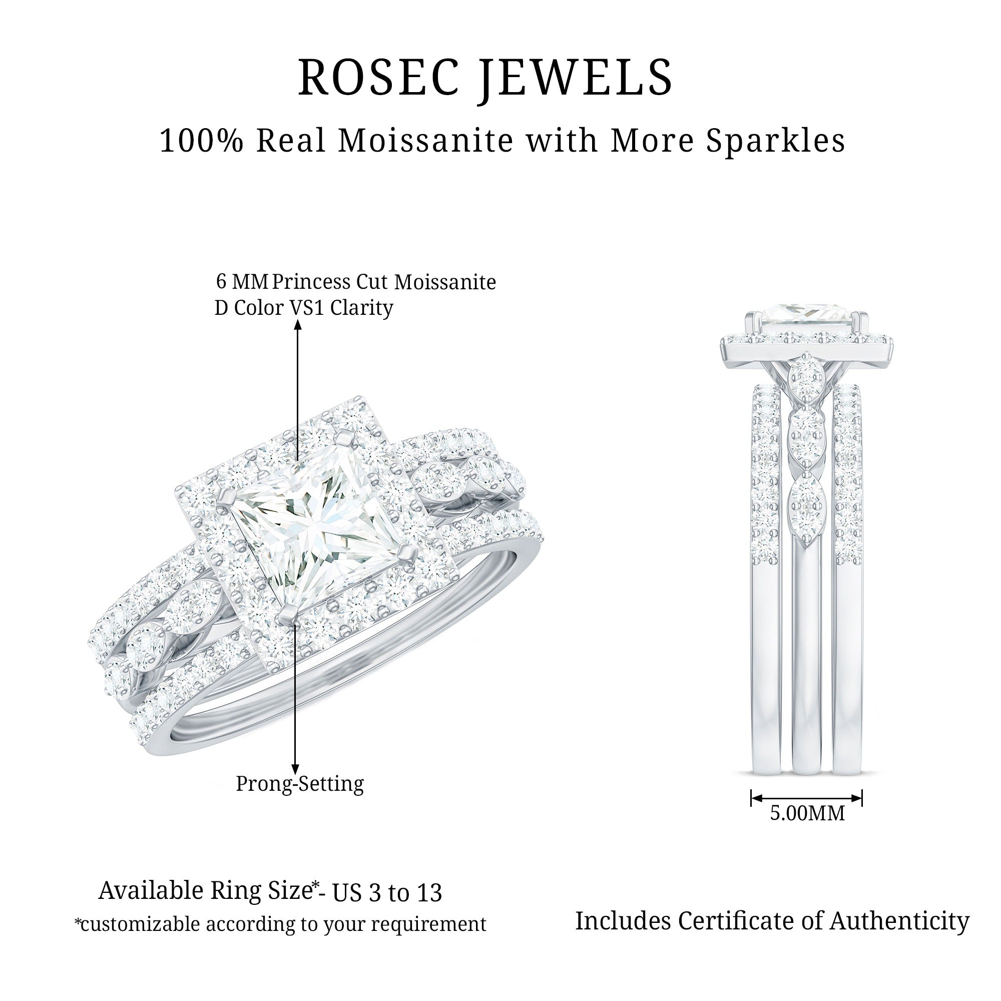 Rosec Jewels-Princess Cut Moissanite Halo Engagement Ring with Wedding Bands