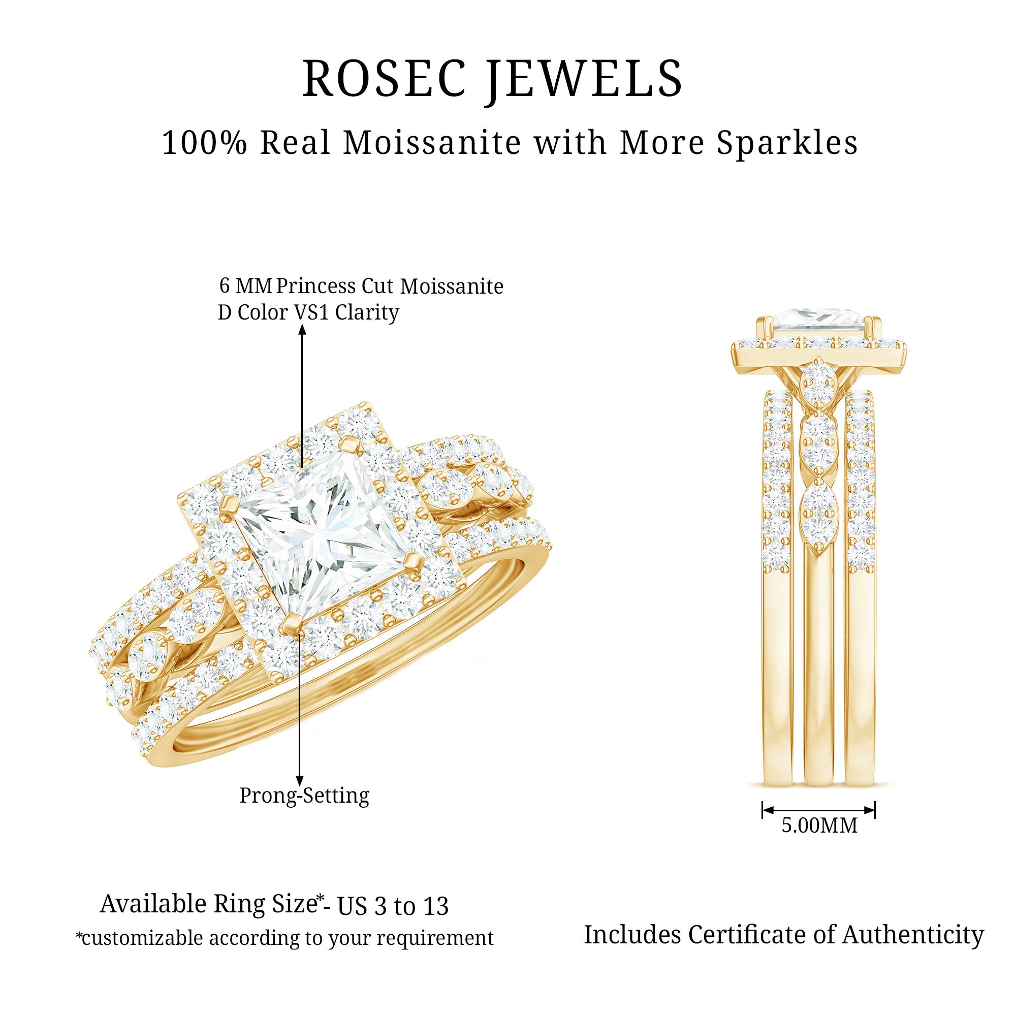 Rosec Jewels-Princess Cut Moissanite Halo Engagement Ring with Wedding Bands