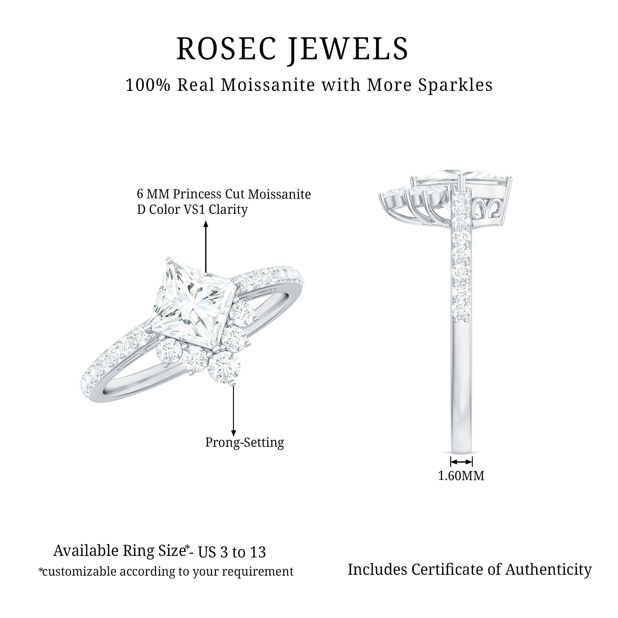 Princess Cut Moissanite Designer Engagement Ring for Women D-VS1 - Rosec Jewels