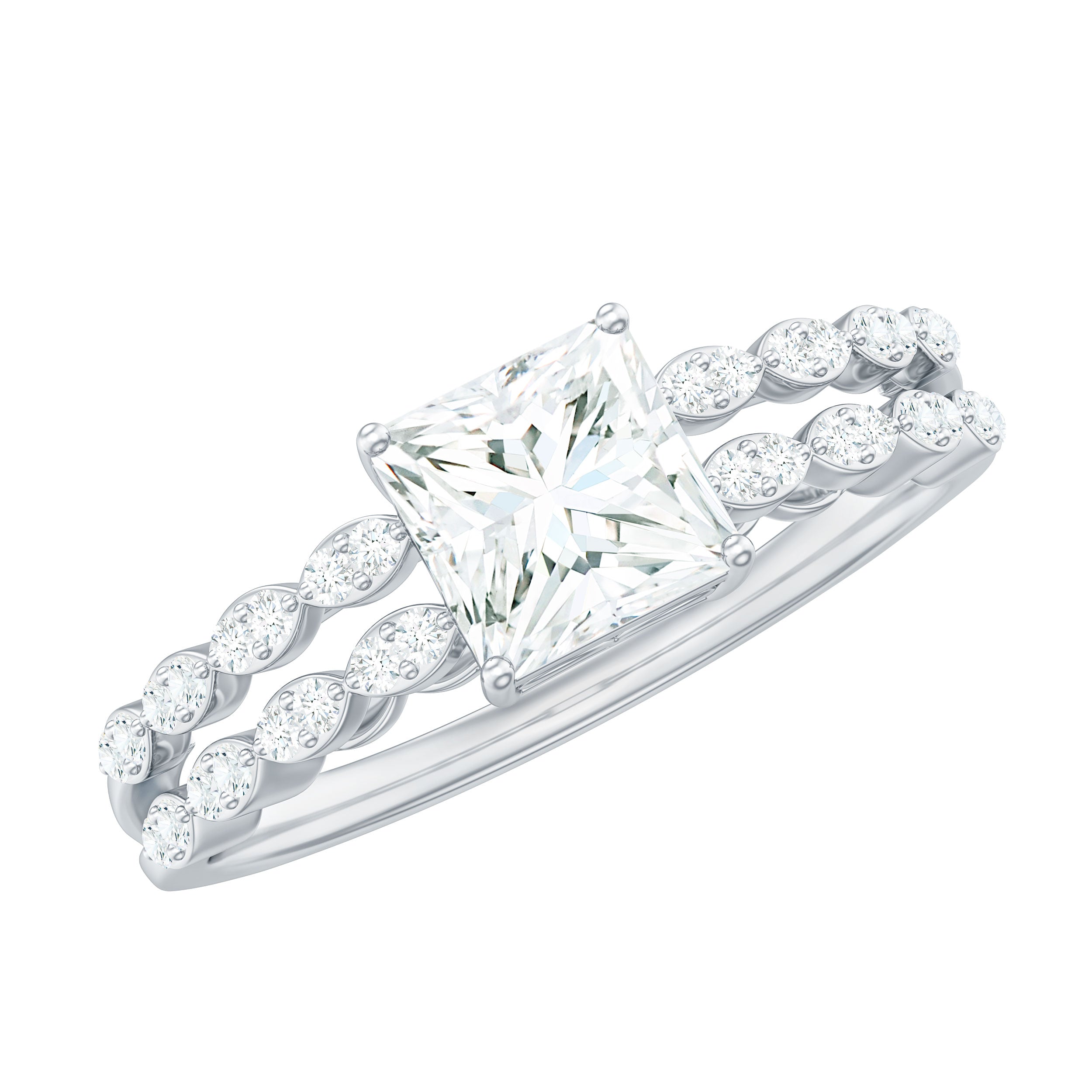 Certified Moissanite Princess Cut Engagement Ring in Double Band D-VS1 - Rosec Jewels