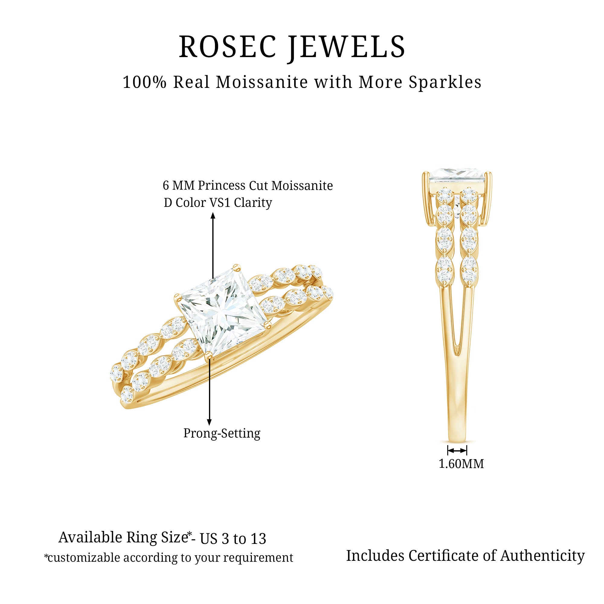 Certified Moissanite Princess Cut Engagement Ring in Double Band D-VS1 - Rosec Jewels