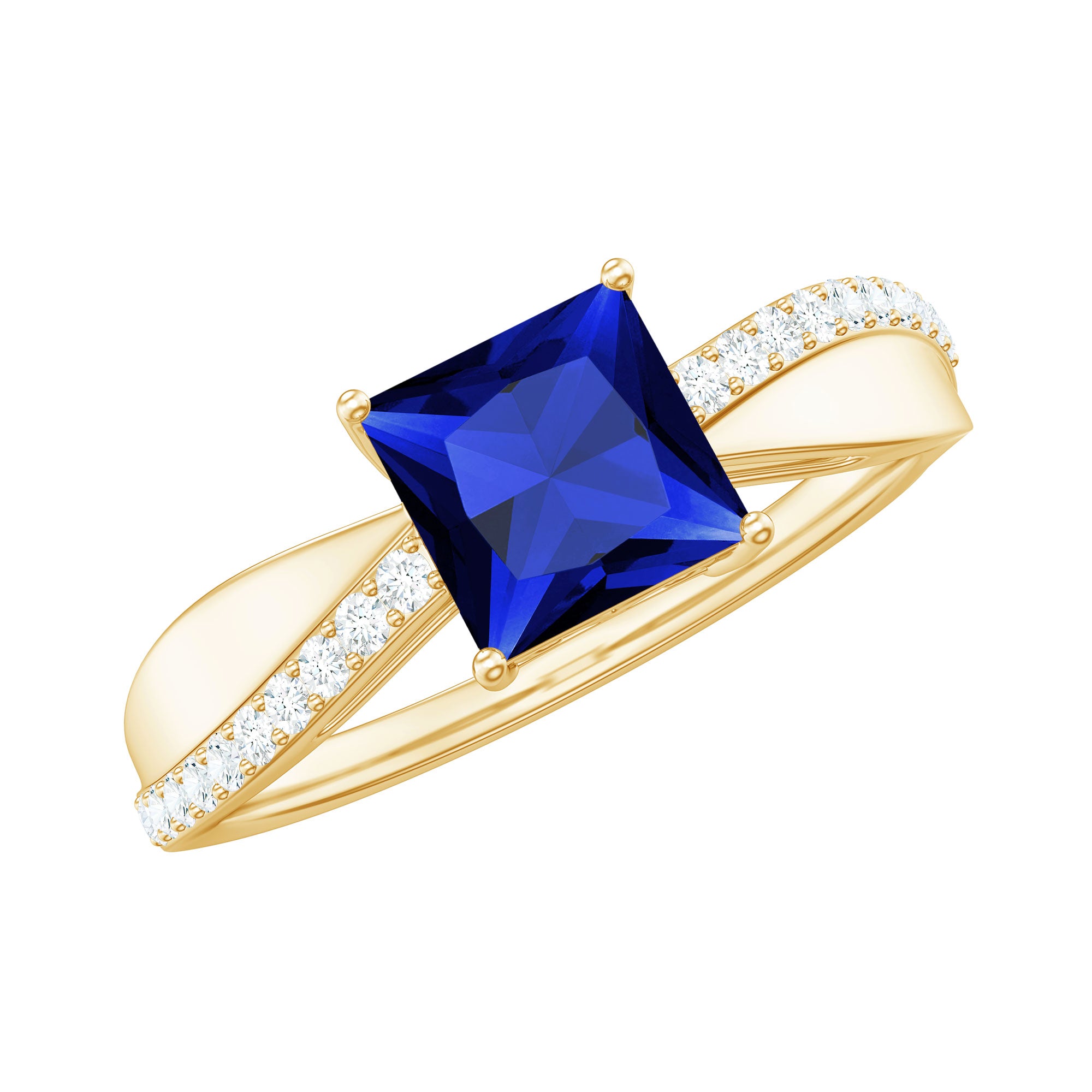 Certified 1.5 Carat Lab Grown Blue Sapphire Princess Cut Engagement Ring with Diamond AAAA - Rosec Jewels