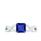 1.5 Carat Lab Grown Blue Sapphire Princess Cut Engagement Ring with Diamond Crossover Shank AAAA - Rosec Jewels
