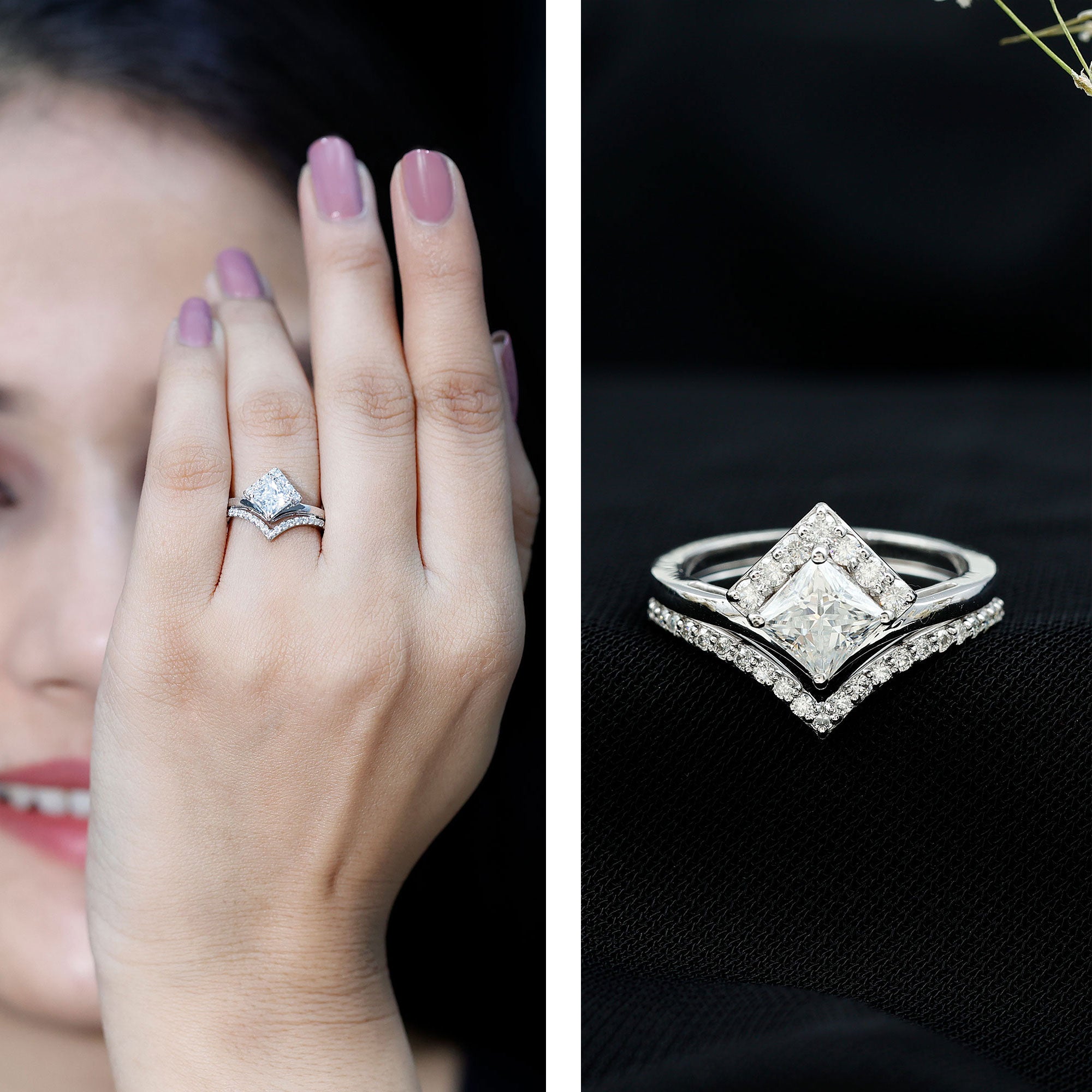 Certified Princess Cut Moissanite Wedding Ring Set for Women D-VS1 - Rosec Jewels