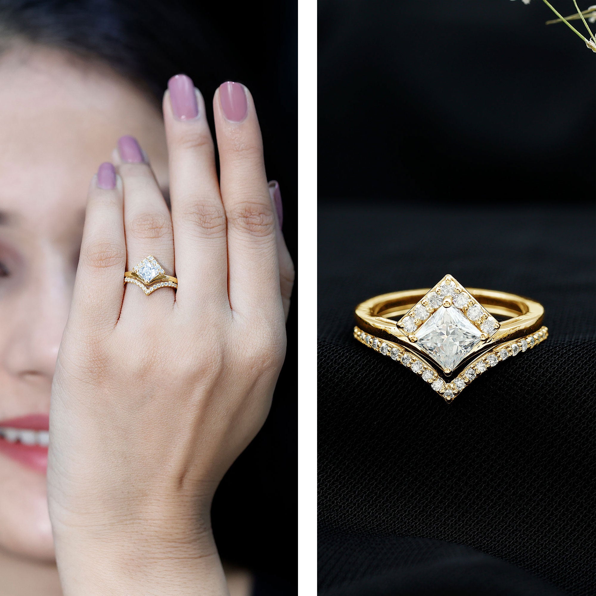 Certified Princess Cut Moissanite Wedding Ring Set for Women D-VS1 - Rosec Jewels