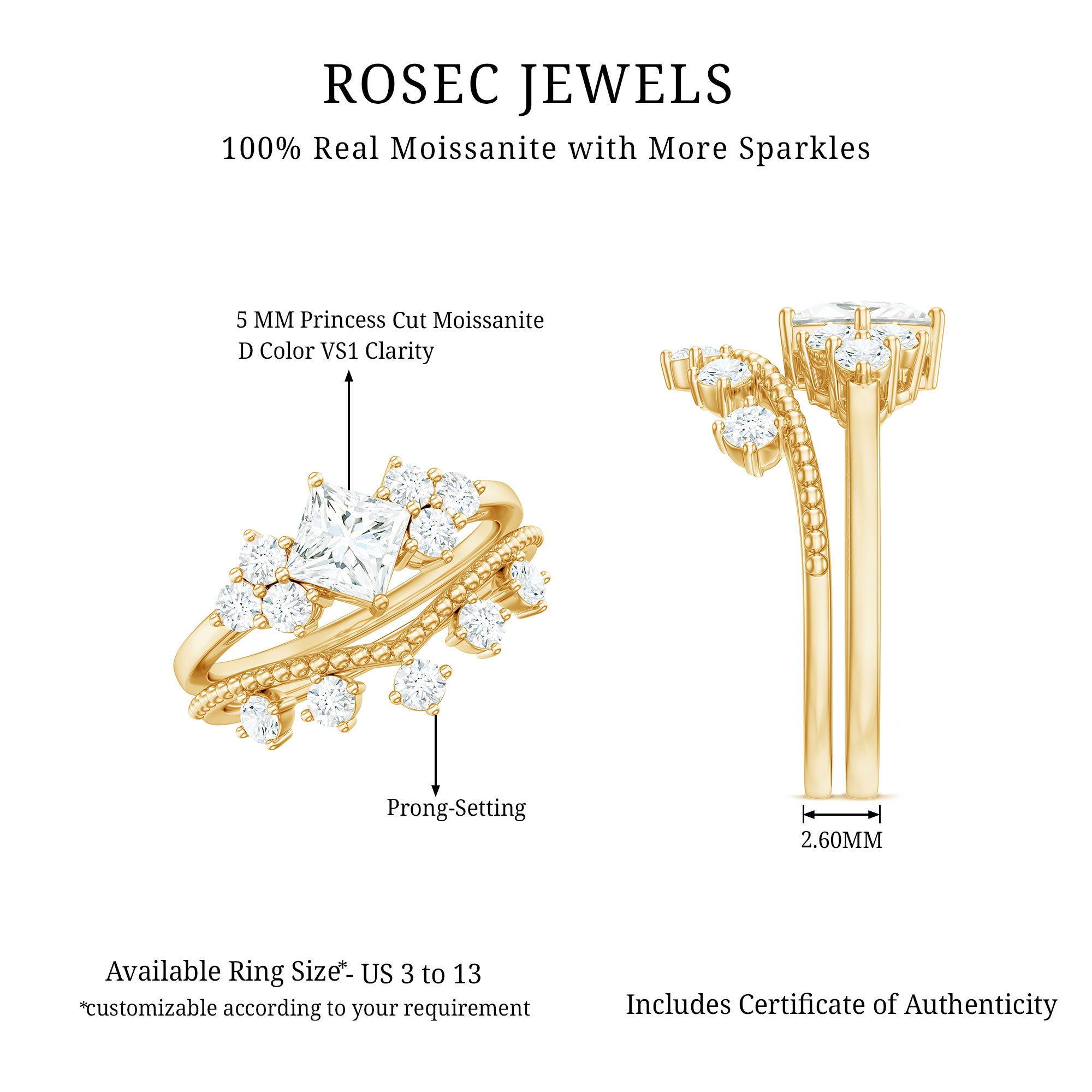 Princess and Round Cut Moissanite Wedding Ring Set D-VS1 - Rosec Jewels