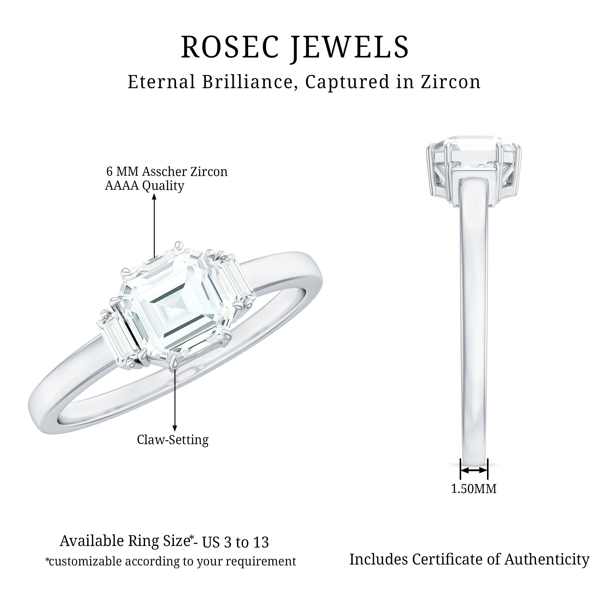 1.50 CT Asscher Cut Solitaire Zircon Engagement Ring AAAA - Rosec Jewels