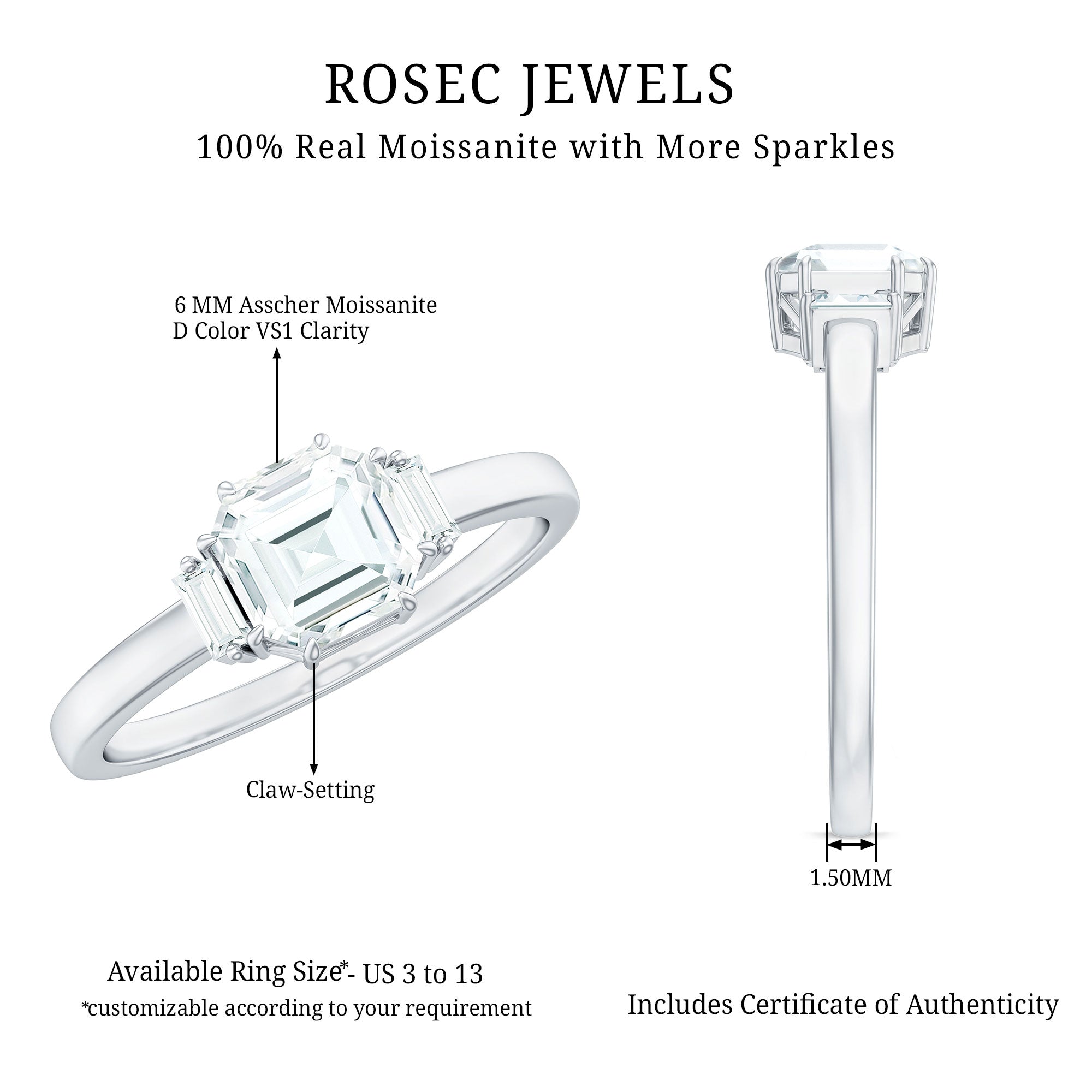 Asscher Cut Moissanite Engagement Ring with Certificate D-VS1 - Rosec Jewels